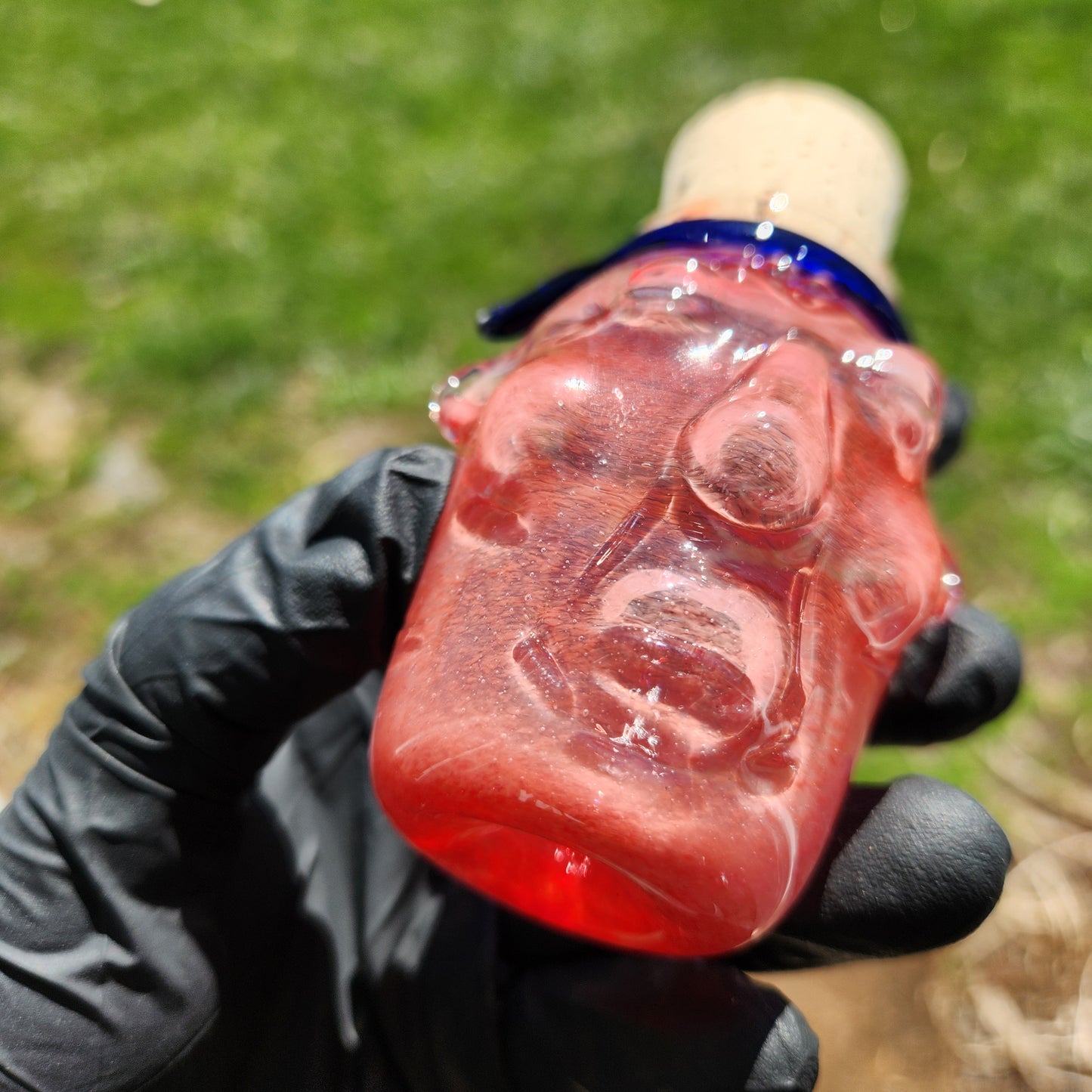 Nug Head Shamans Elder Glass Stash Jar – Terracotta Red Sculpted Tribal Head w/ Blue Headband | Heady Glass Storage Vessel