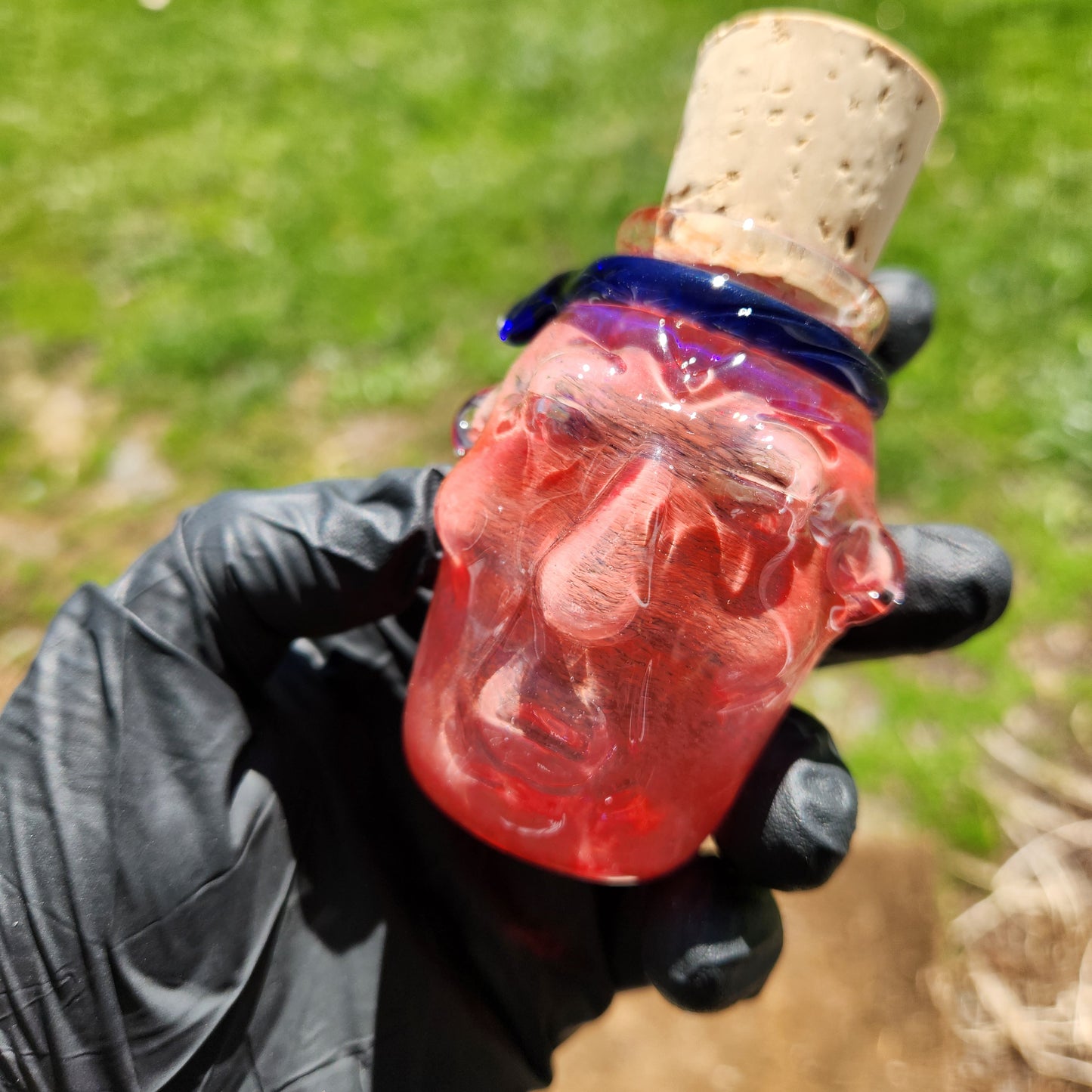Nug Head Shamans Elder Glass Stash Jar – Terracotta Red Sculpted Tribal Head w/ Blue Headband | Heady Glass Storage Vessel