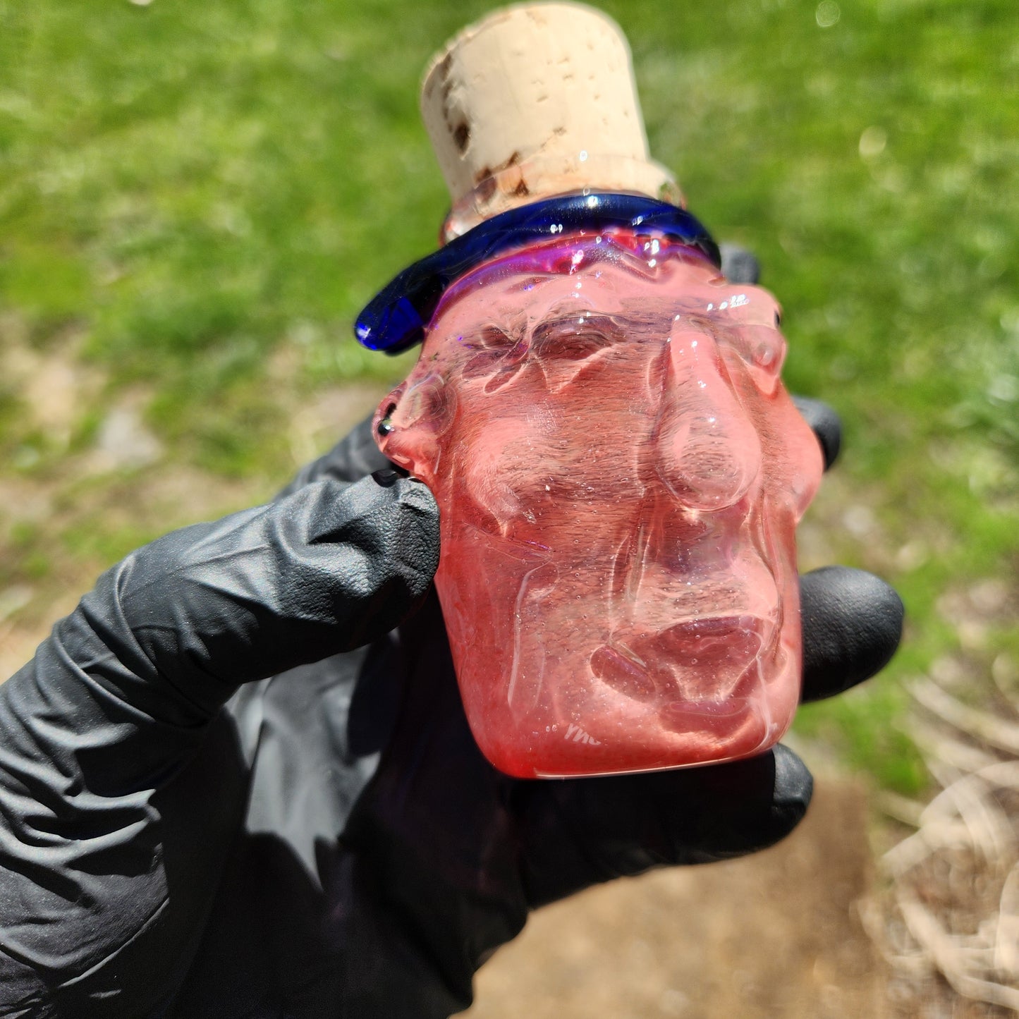 Nug Head Shamans Elder Glass Stash Jar – Terracotta Red Sculpted Tribal Head w/ Blue Headband | Heady Glass Storage Vessel