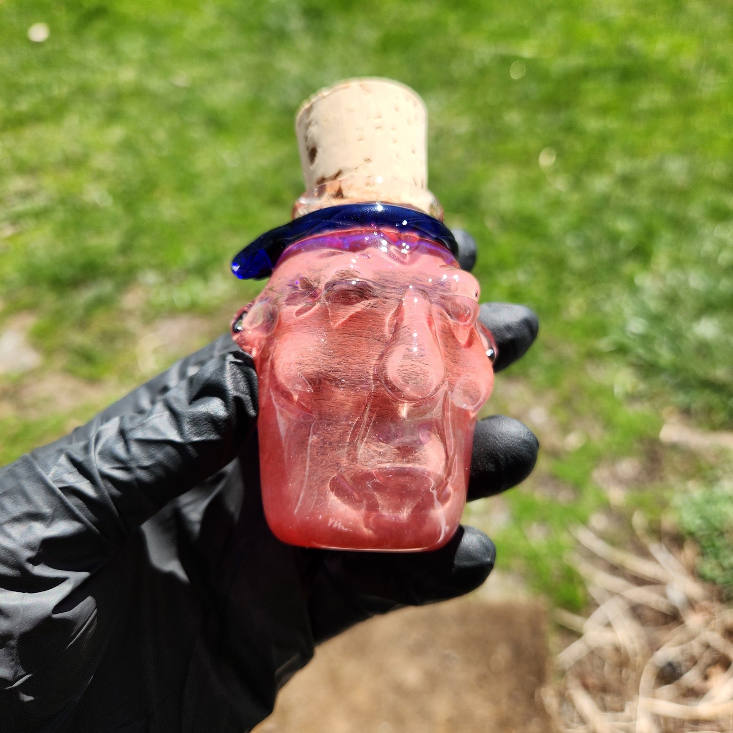 Nug Head Shamans Elder Glass Stash Jar – Terracotta Red Sculpted Tribal Head w/ Blue Headband | Heady Glass Storage Vessel