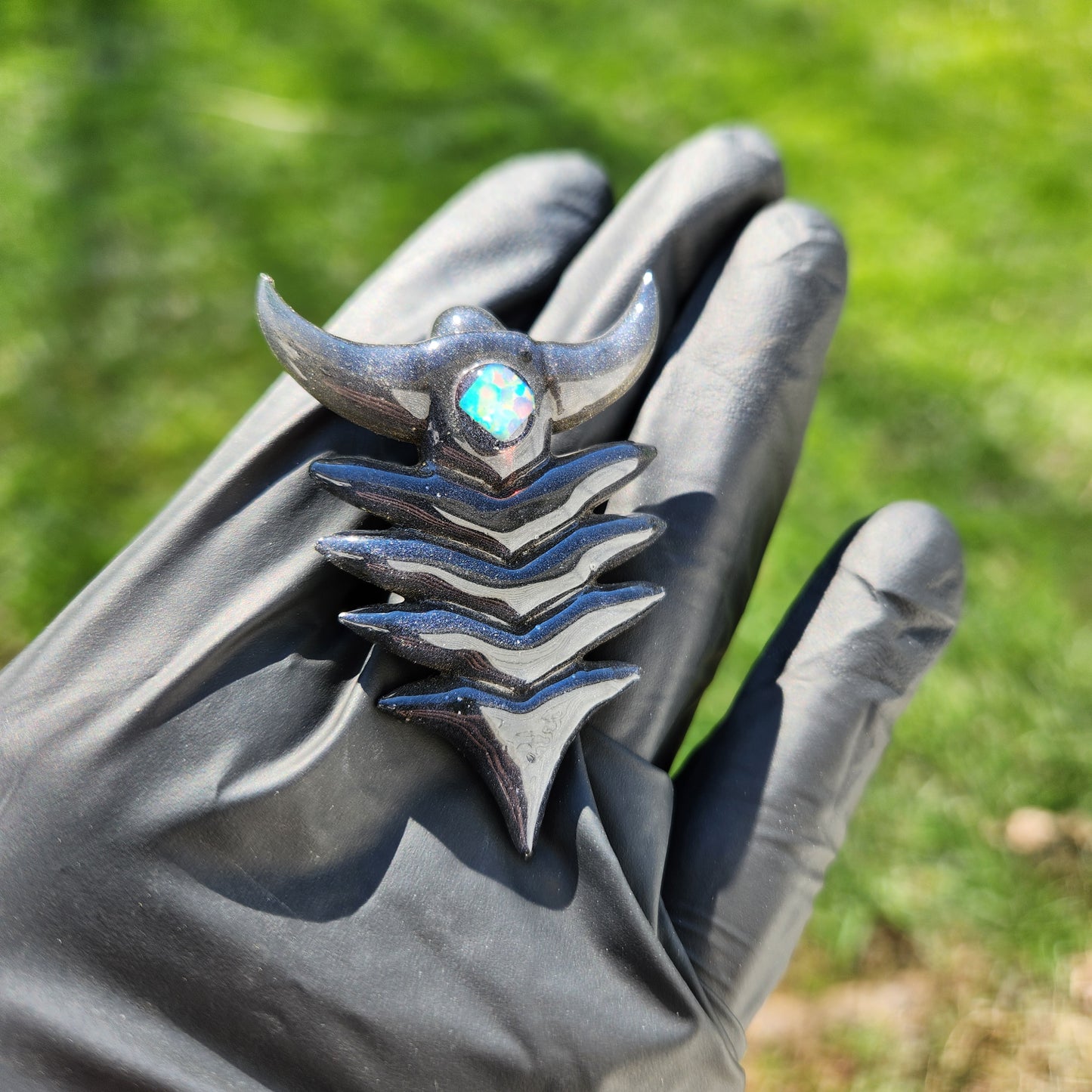 Ancient Alien Artifact Pendant – Steel Wool Grey Glass Arrowhead Necklace w/ Opal & Horned Crown | Heady Glass Jewelry