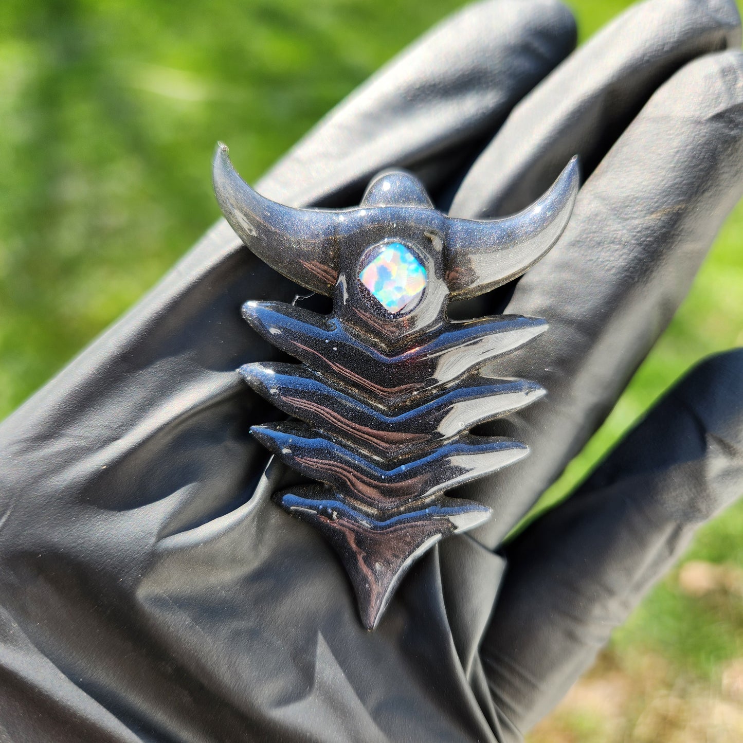 Ancient Alien Artifact Pendant – Steel Wool Grey Glass Arrowhead Necklace w/ Opal & Horned Crown | Heady Glass Jewelry