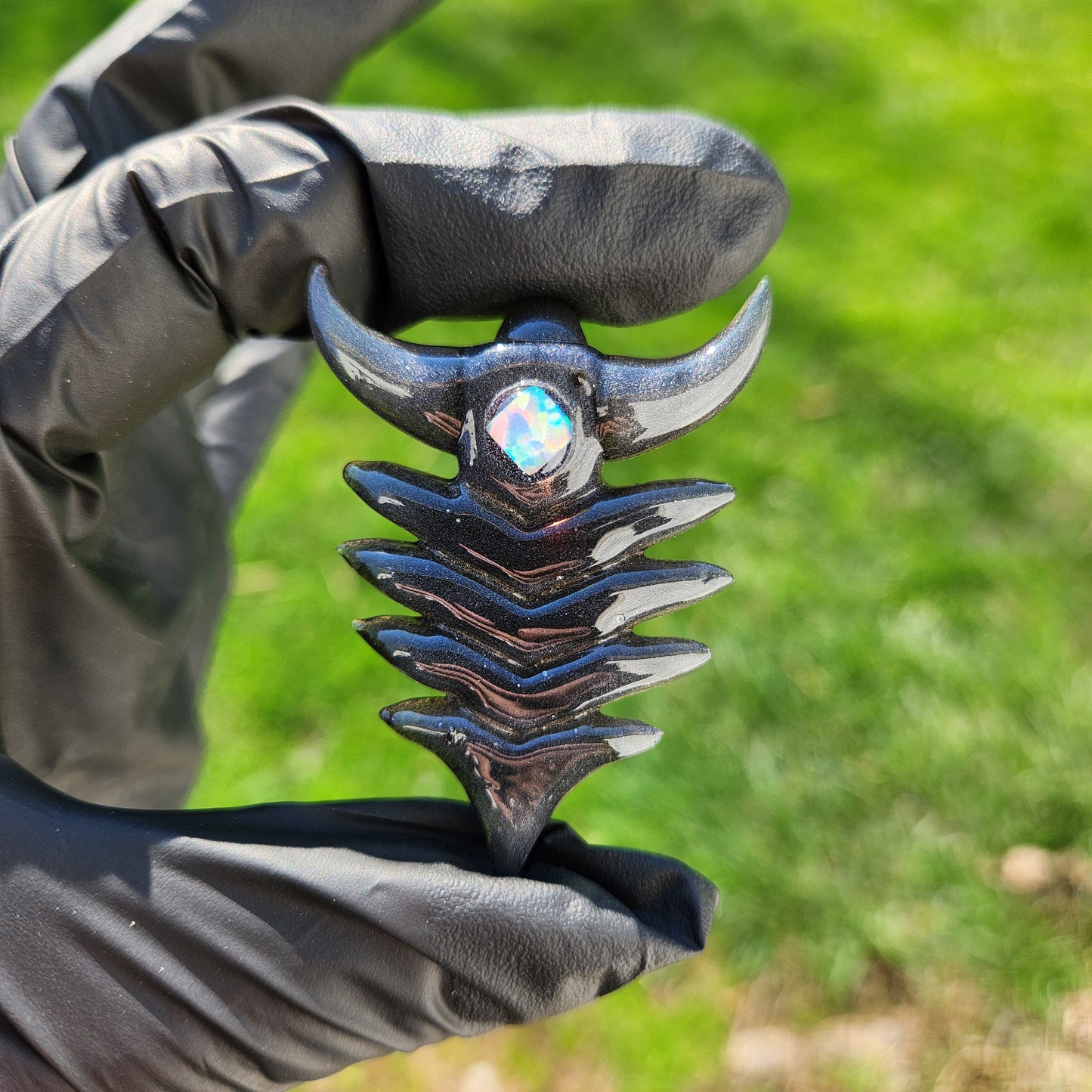 Ancient Alien Artifact Pendant – Steel Wool Grey Glass Arrowhead Necklace w/ Opal & Horned Crown | Heady Glass Jewelry