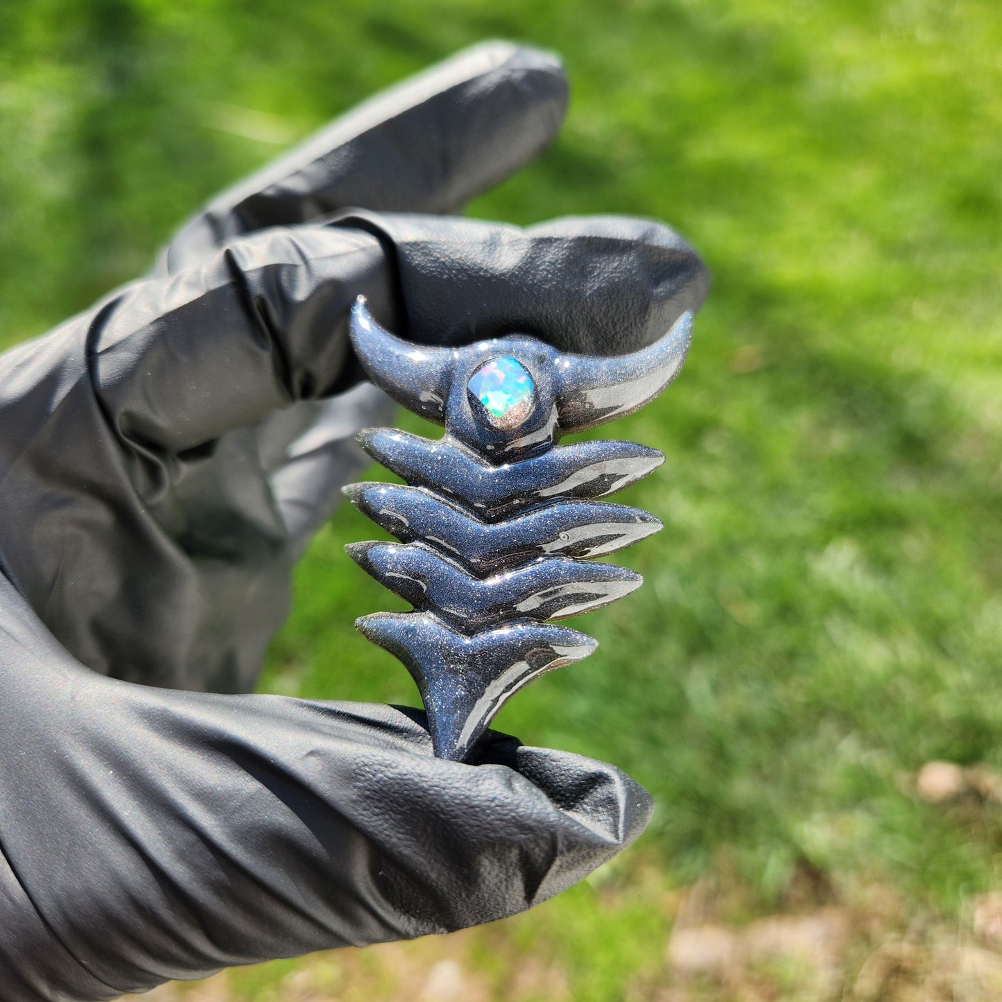 Ancient Alien Artifact Pendant – Steel Wool Grey Glass Arrowhead Necklace w/ Opal & Horned Crown | Heady Glass Jewelry