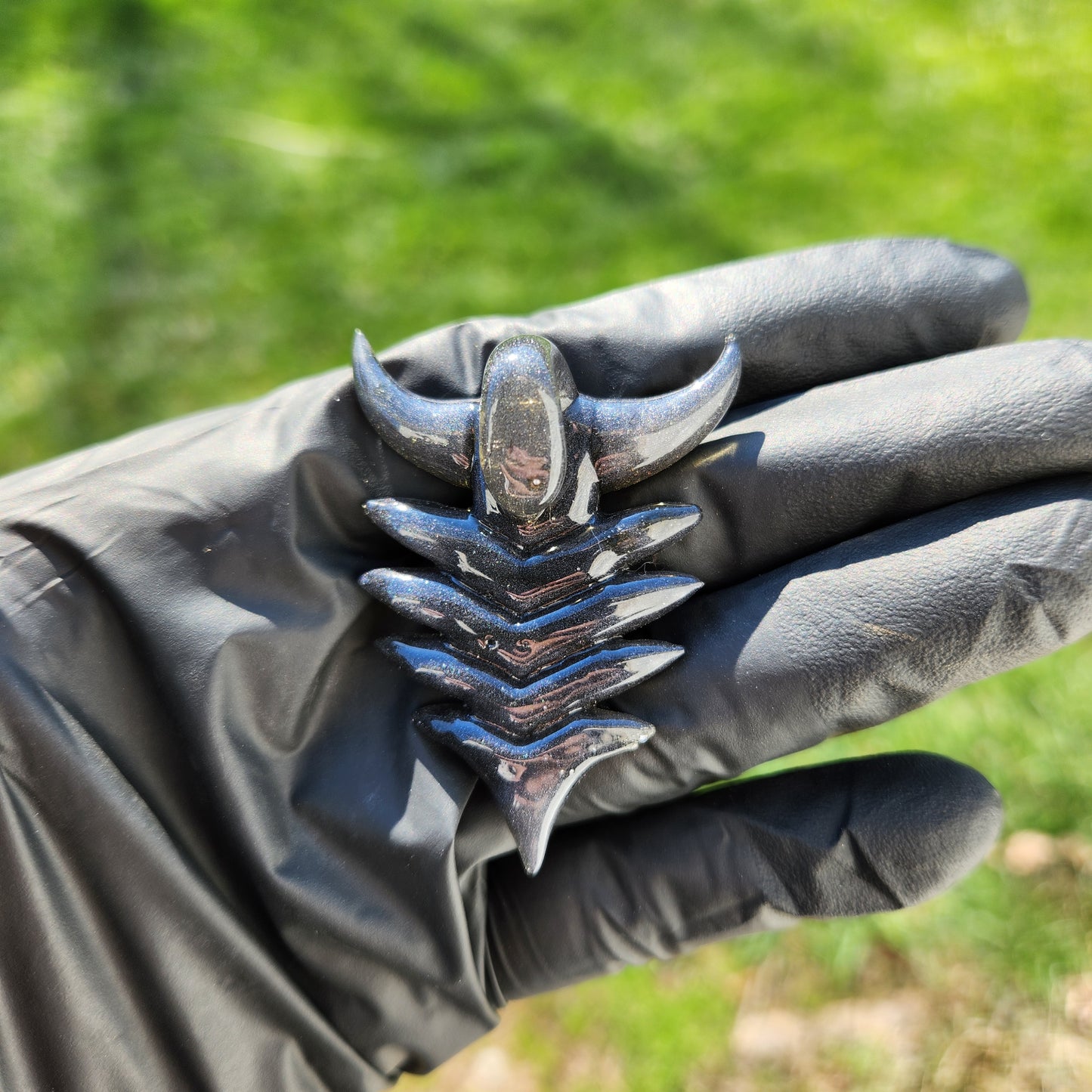 Ancient Alien Artifact Pendant – Steel Wool Grey Glass Arrowhead Necklace w/ Opal & Horned Crown | Heady Glass Jewelry