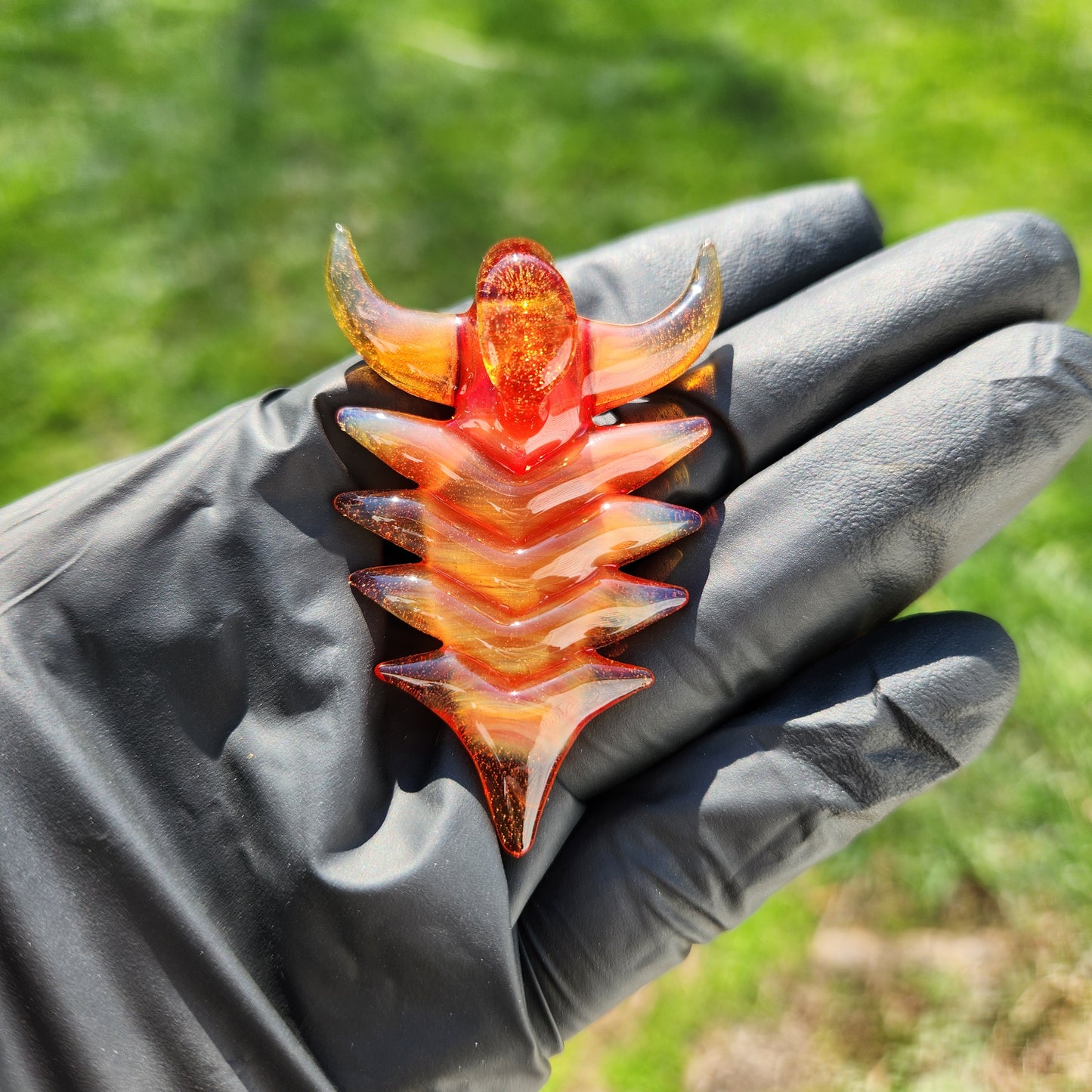 Ancient Alien Artifact Pendant – Orange Elvis Glass Arrowhead Necklace w/ Opal & Horned Crown | Heady Glass Jewelry