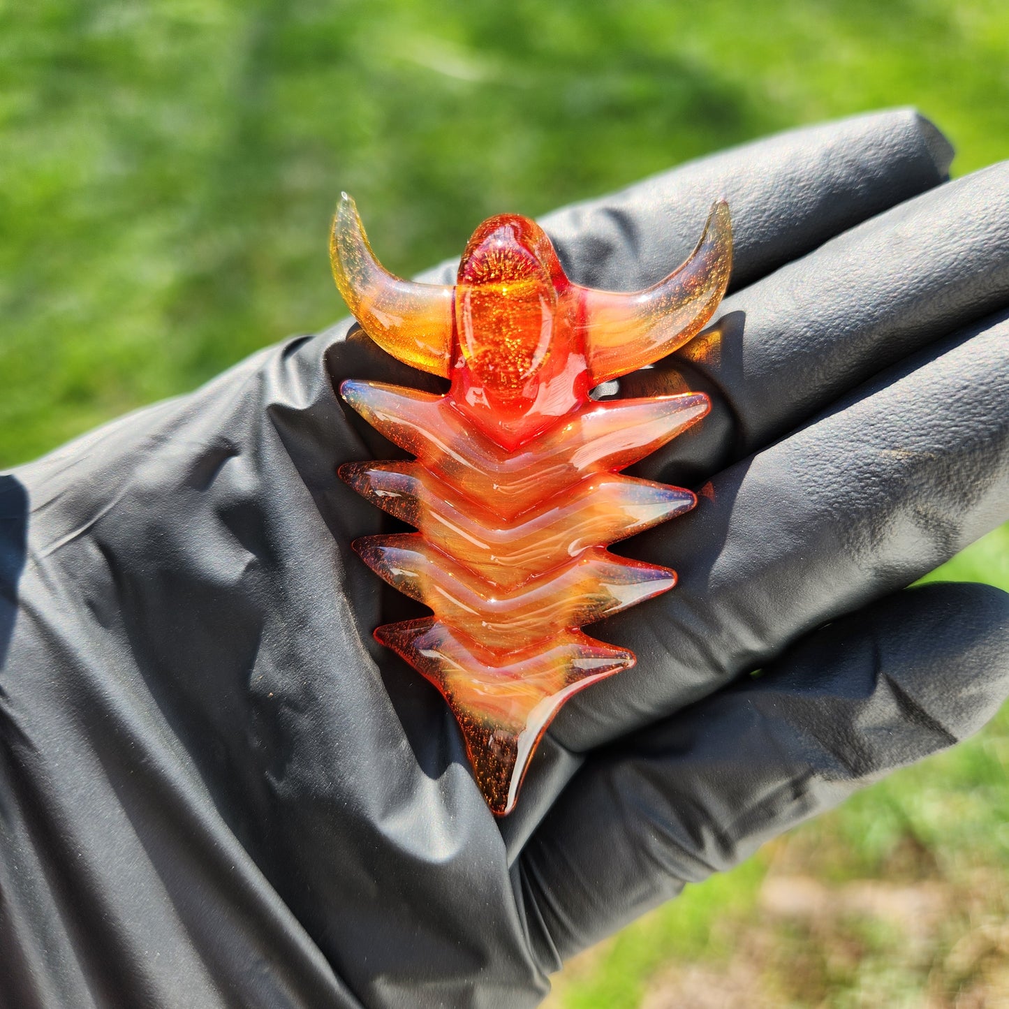Ancient Alien Artifact Pendant – Orange Elvis Glass Arrowhead Necklace w/ Opal & Horned Crown | Heady Glass Jewelry