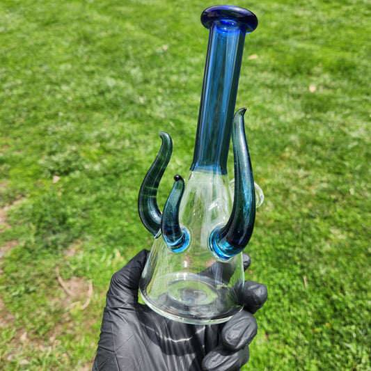 Alien Beaker Style Glass Water Pipe – Clear Bong w/ Blue Neck, Maria Mouthpiece, 14mm Downstem & Tentacle Accents