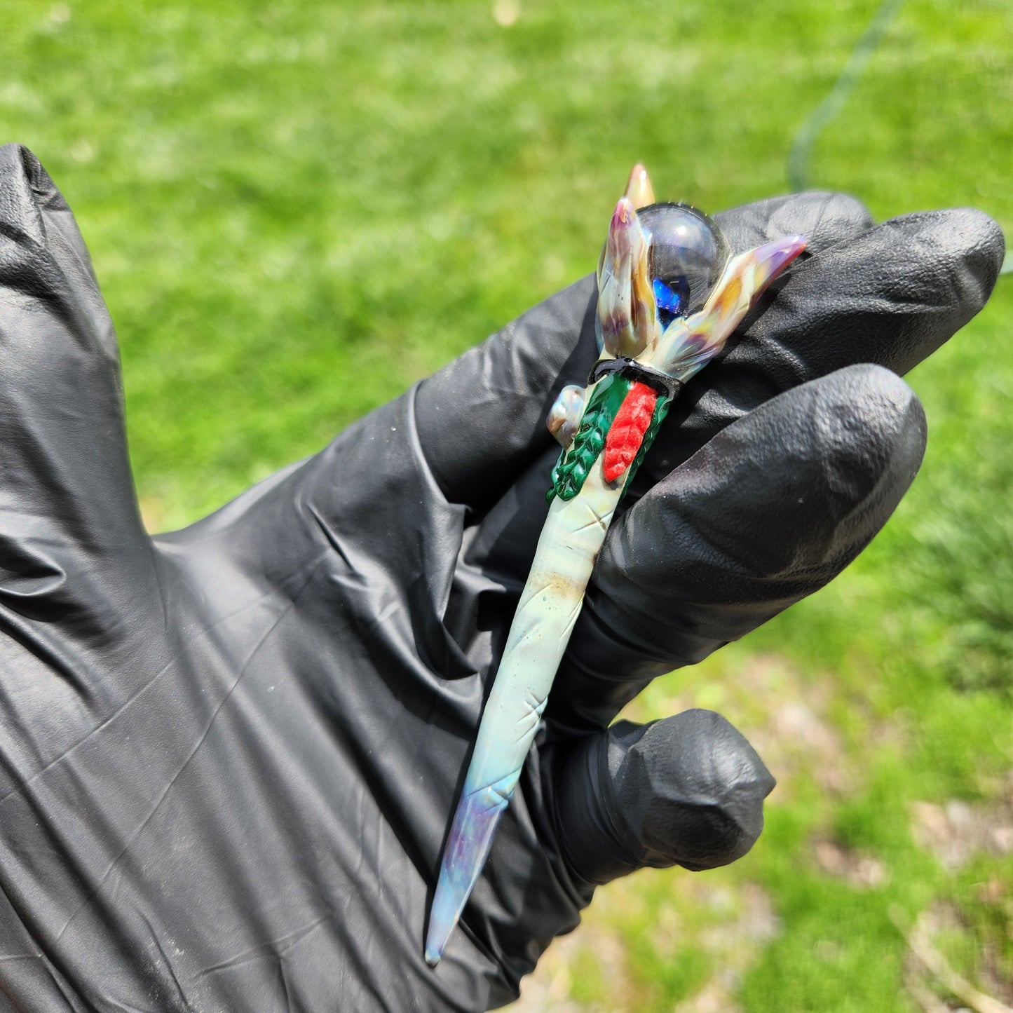 Tribal Leader Staff Dabber – Wood-Style Glass Tool w/ Feather Accents & Galaxy Opal Orb Top | Heady Glass Dab Tool
