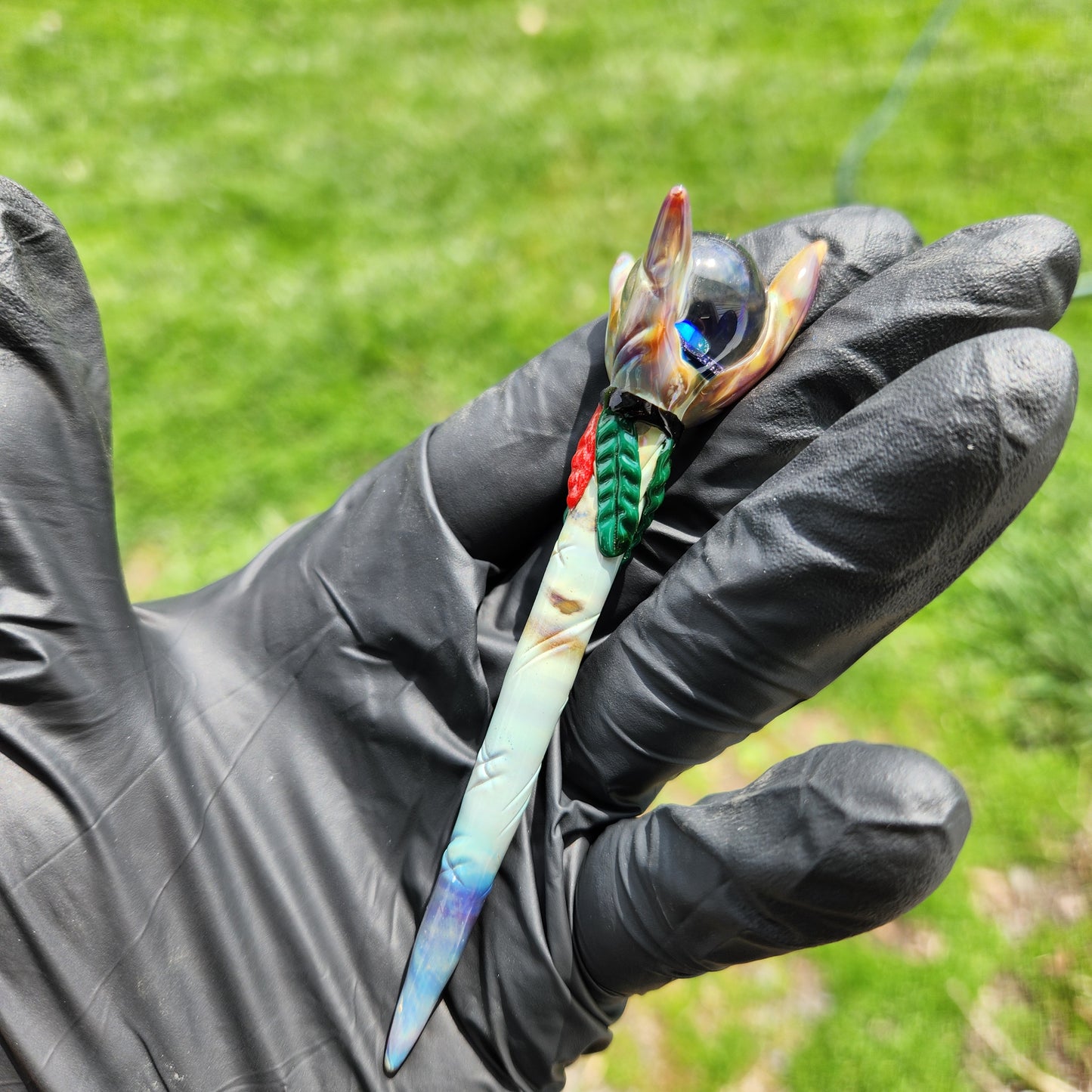 Tribal Leader Staff Dabber – Wood-Style Glass Tool w/ Feather Accents & Galaxy Opal Orb Top | Heady Glass Dab Tool