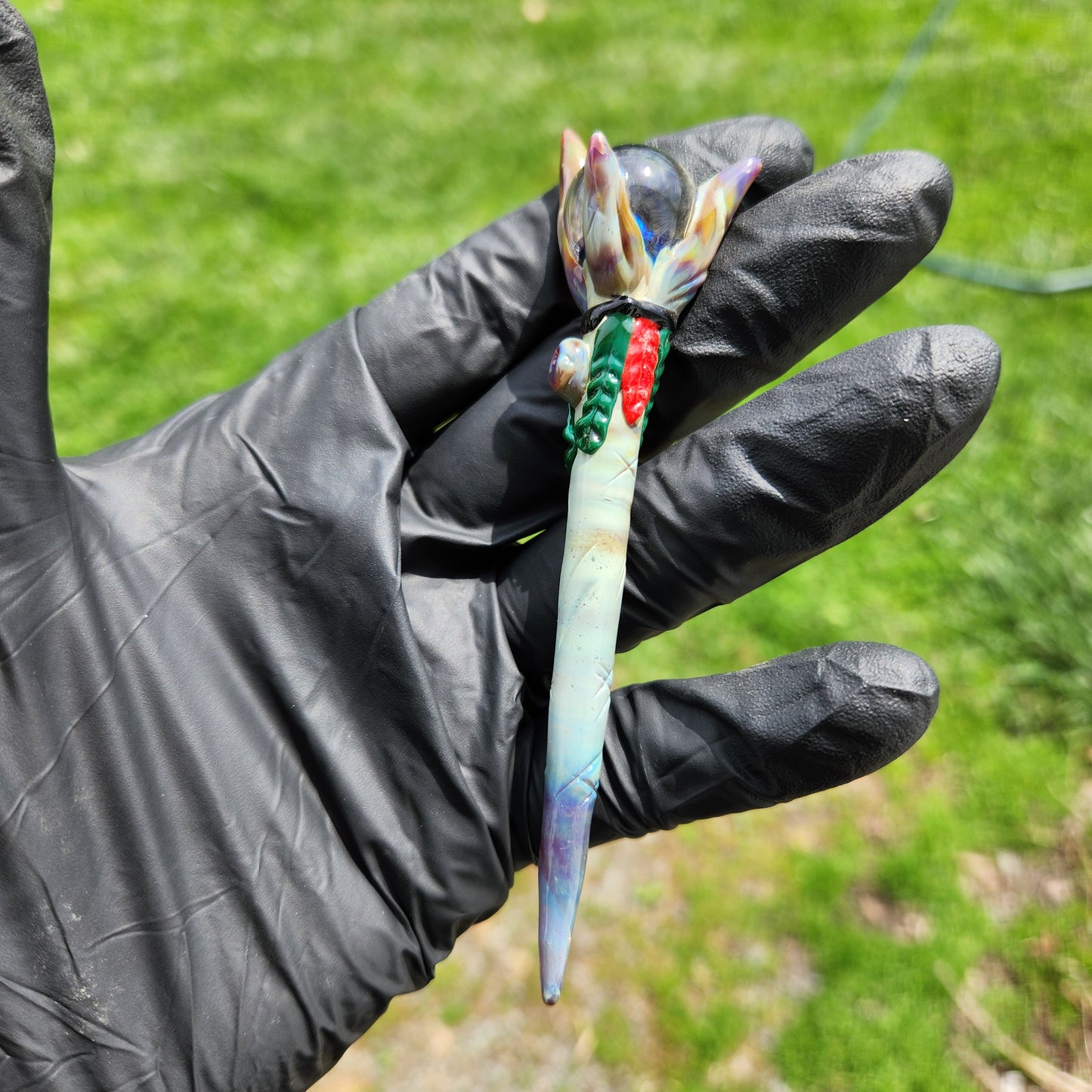 Tribal Leader Staff Dabber – Wood-Style Glass Tool w/ Feather Accents & Galaxy Opal Orb Top | Heady Glass Dab Tool