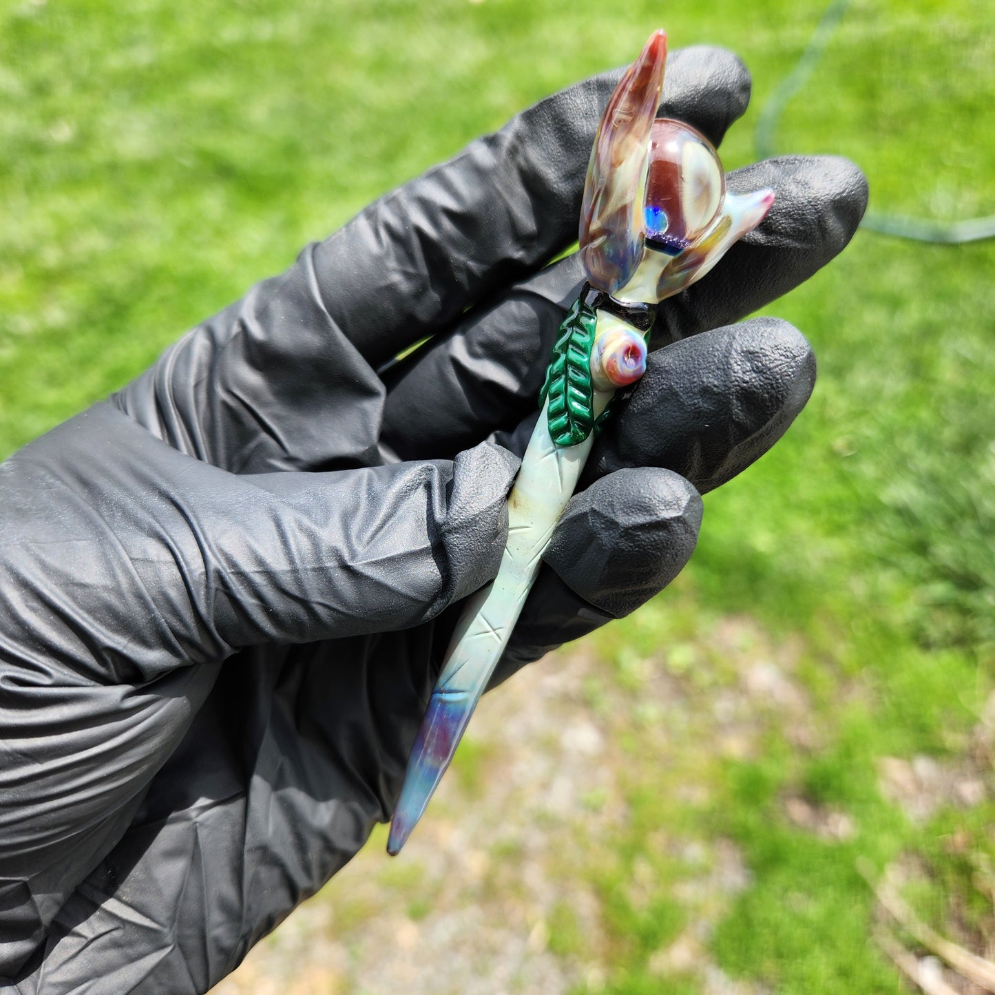 Tribal Leader Staff Dabber – Wood-Style Glass Tool w/ Feather Accents & Galaxy Opal Orb Top | Heady Glass Dab Tool
