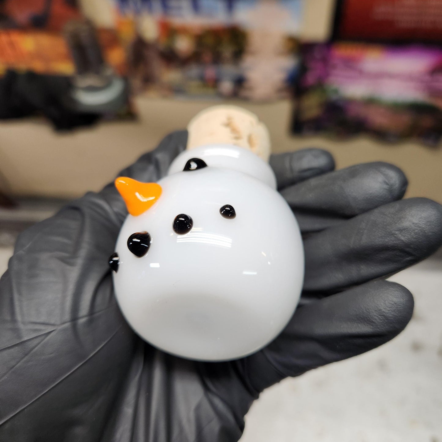 Snowman Head Glass Jar – Hand Blown White Glass Storage Jar with Carrot Nose & Coal Face, Winter Holiday Glass Art with Cork Lid
