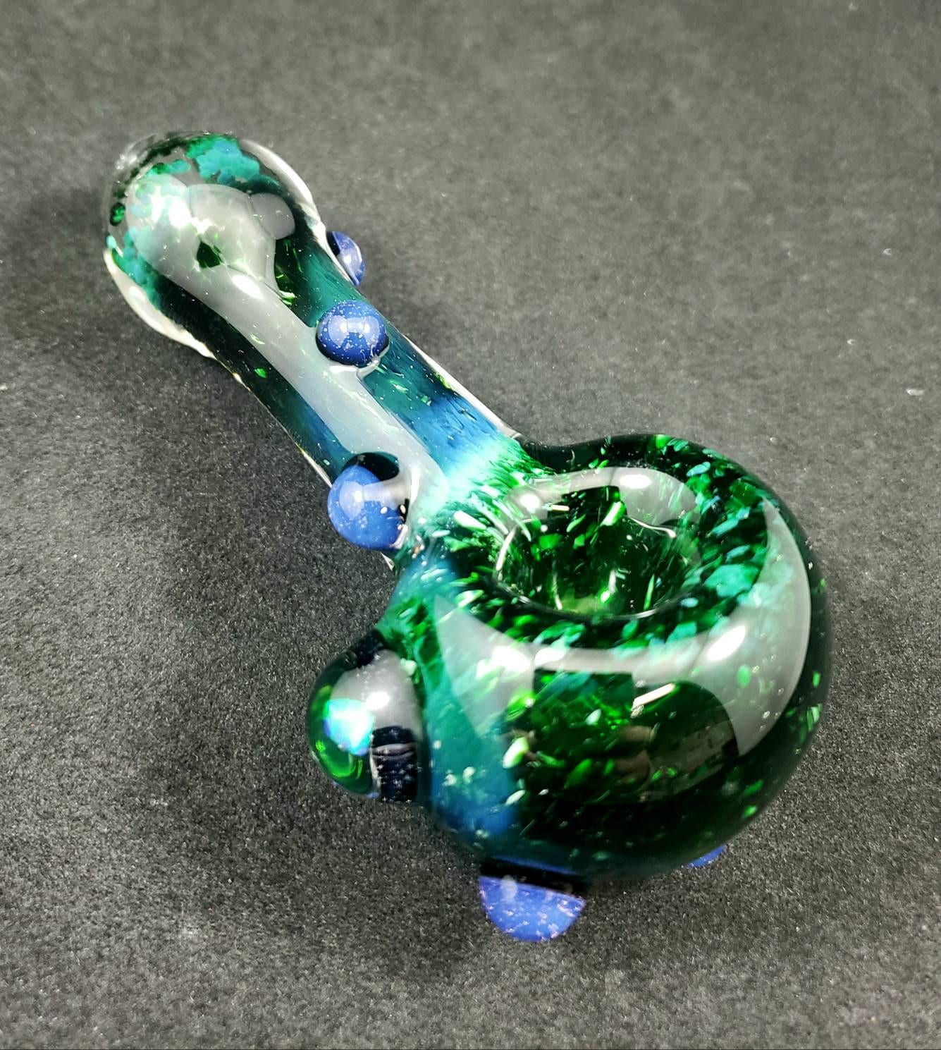 Experimental Green Frit Pipe with Galaxy Opal Marble | Purple Slime Dot Wrap | 4" Hand Blown Heady Glass Smoking Bowl | Unique Art Pipe