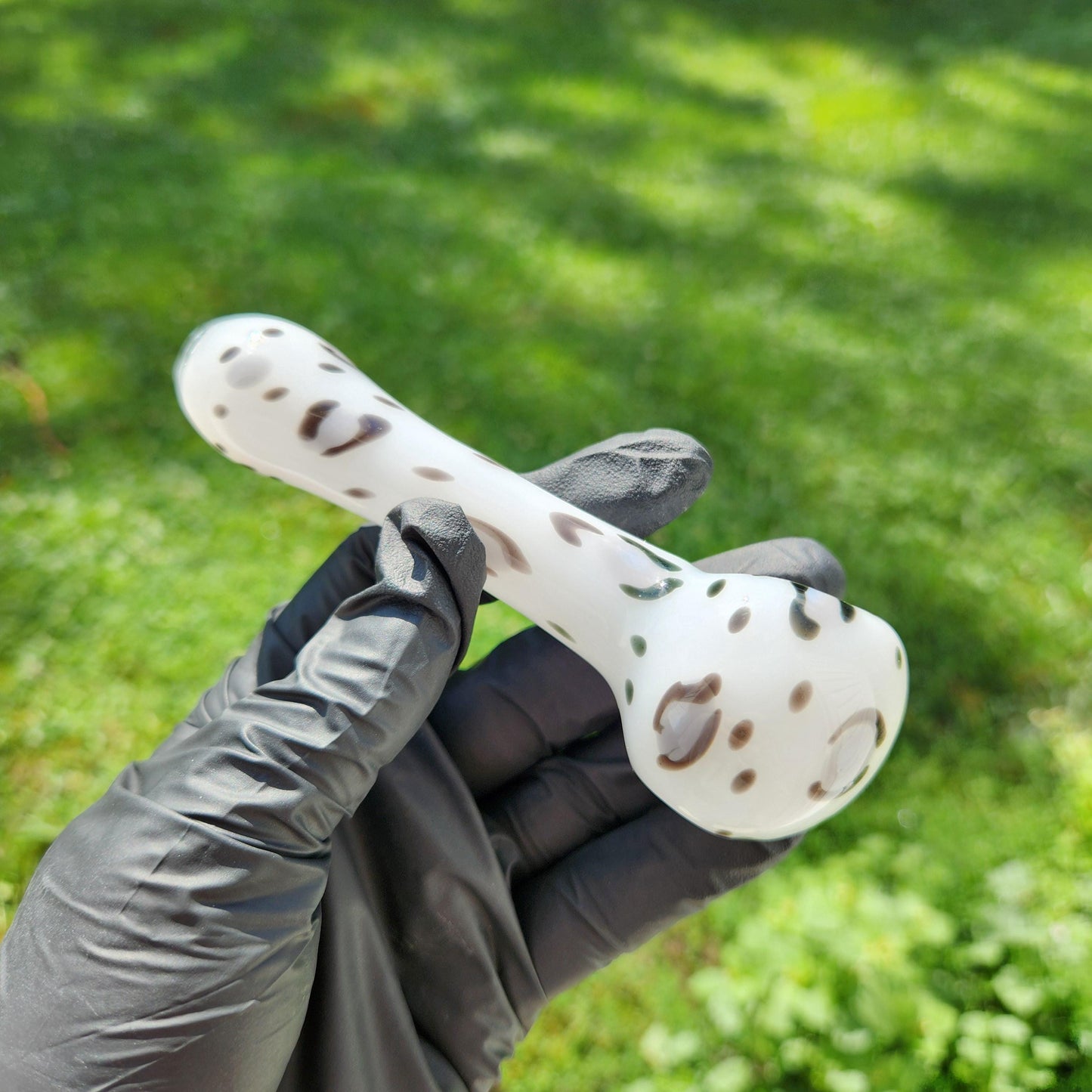 Snow Leopard Glass Pipe | White with Grey & Black Animal Print | Hand Blown Smoking Bowl | Winter Wild Style Glass Art