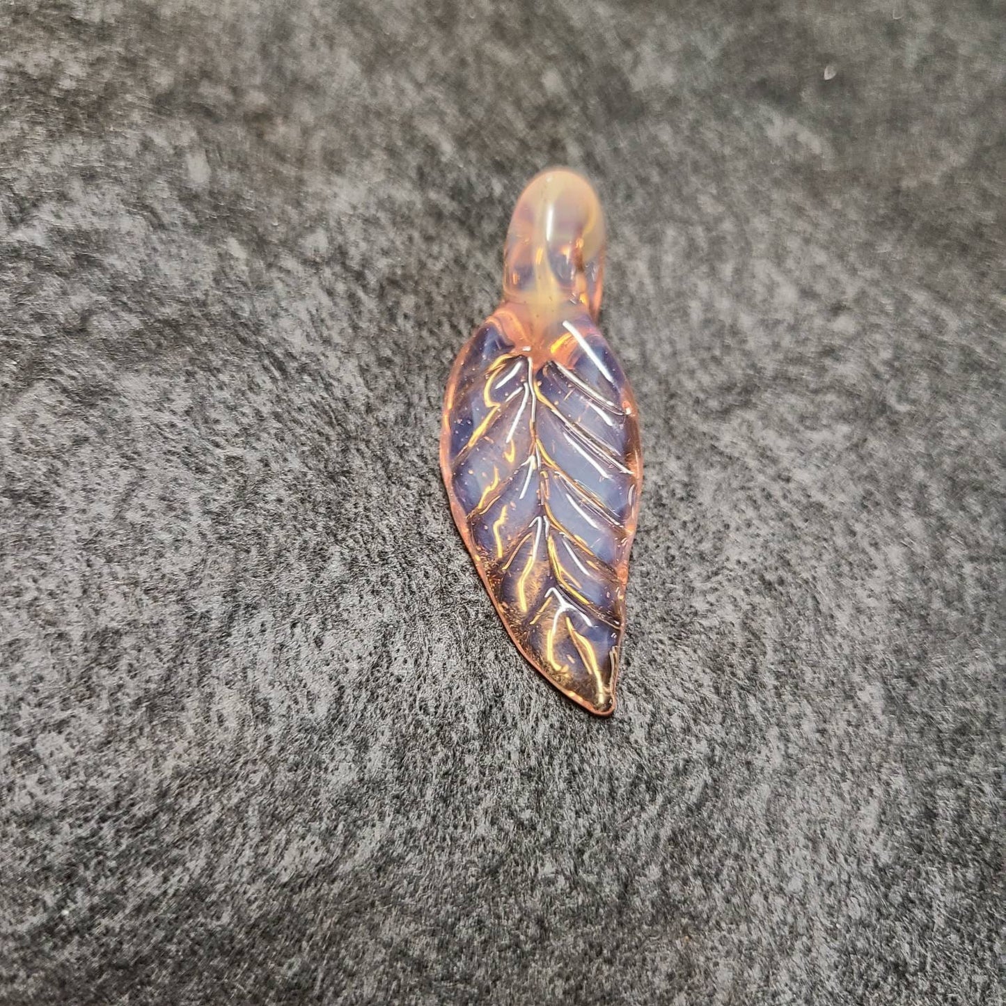 Color Changing Glass Leaf Pendant | Green to Peach in CFL Light | 1.5" Hand Blown Leaf Necklace | Suede Cord | Nature Jewelry