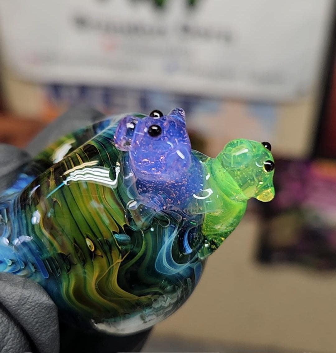 Makin' Bacon Pigs Black Glass Pipe | Pink and Green Slime Pigs | Gold & Silver Fumed Dots | Funny Hand Blown Art Pipe | 4–5" Unique Bowl