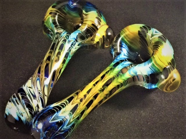 Gold and Silver Fumed Glass Pipe | Rainbow Wrap & Rake Design | Color Shift Over Black | Hand Blown Smoking Bowl
