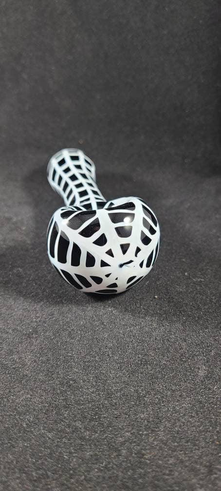 Spider Web Pipe / Black and White Glass / Glass Smoking Bowl / Halloween / Spooky