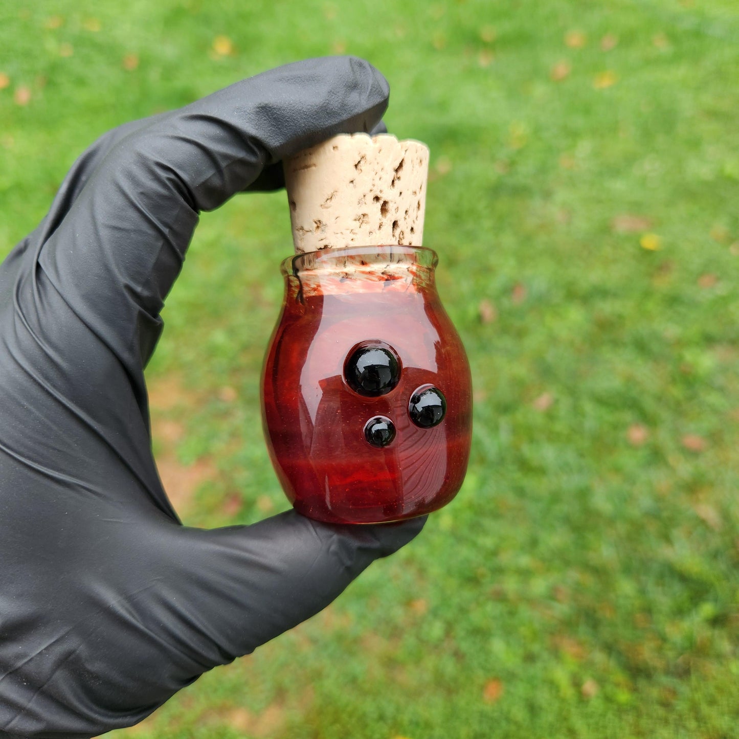 Handmade Red Frit Glass Jar with Cork Lid – Artisan Blown Glass Apothecary Jar, Boho Decor, Spell Jar, Witchy Storage