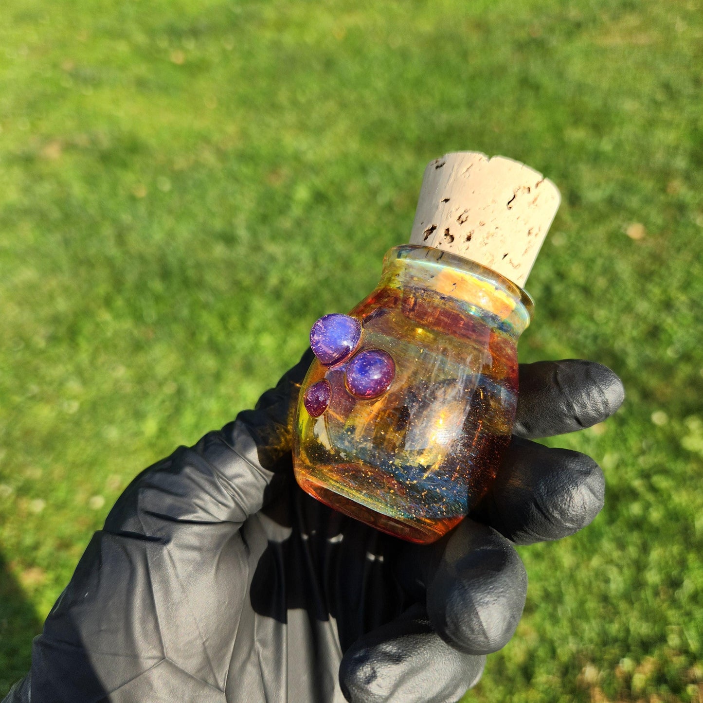Handmade Amber Purple Glass Jar with Cork Lid – Artisan Blown Glass Apothecary Jar, Boho Decor, Spell Jar, Witchy Storage