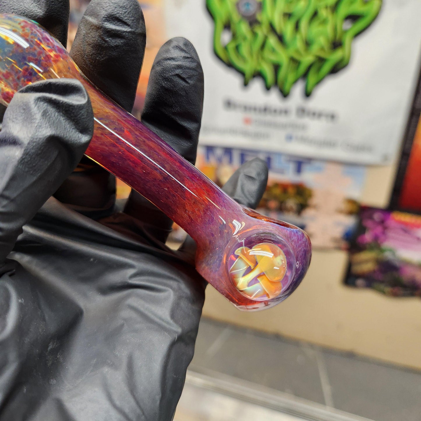 Amber Purple Frit Glass Pipe with Triple Mushroom Marble | Hand-Blown Color-Shifting Spoon | Nature-Inspired Heady Art Glass Bowl