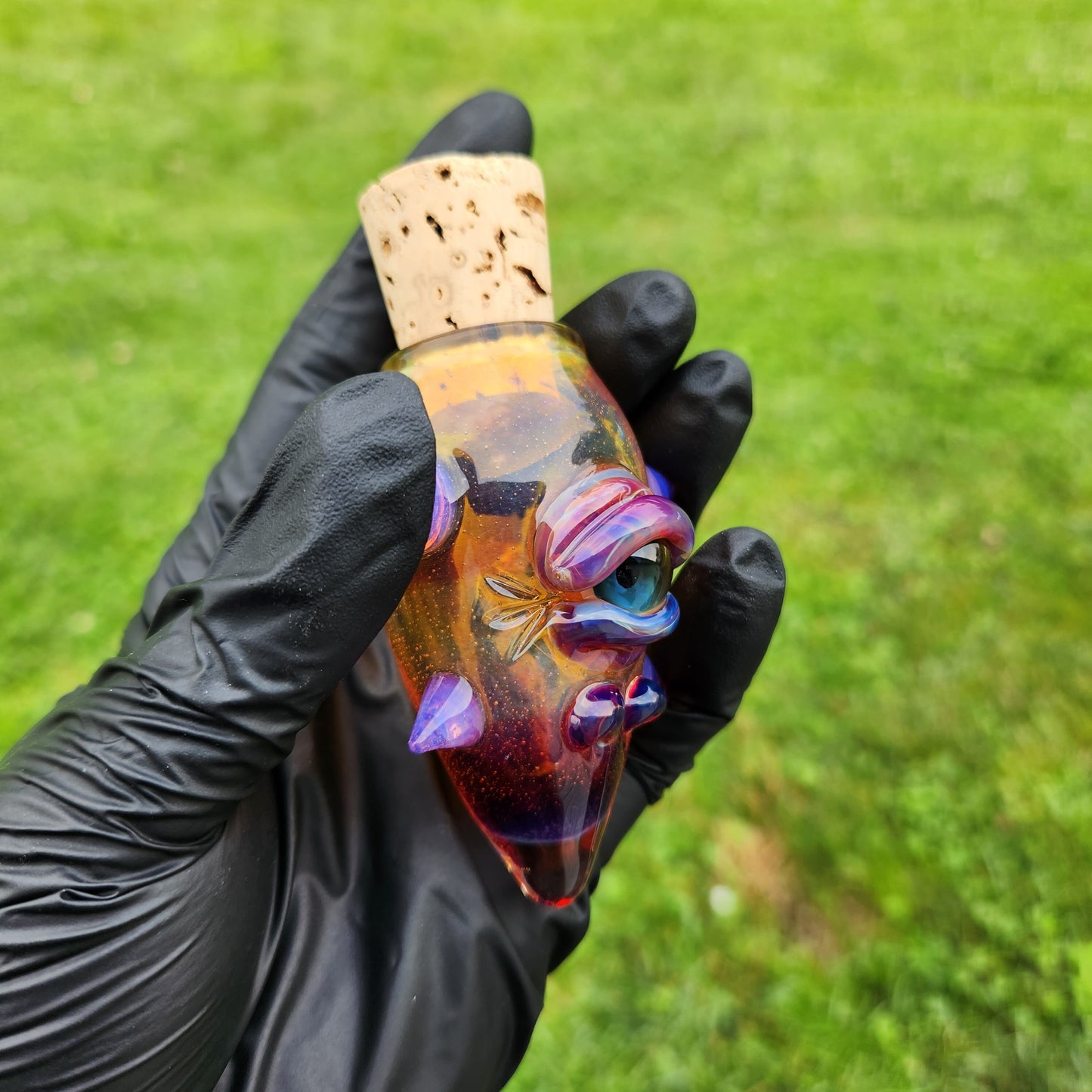 Amber Purple Frit Monster Jar with Eye & Purple Slime Horns | 3" Hand Blown Creature Jar | Unique Glass Art with Cork