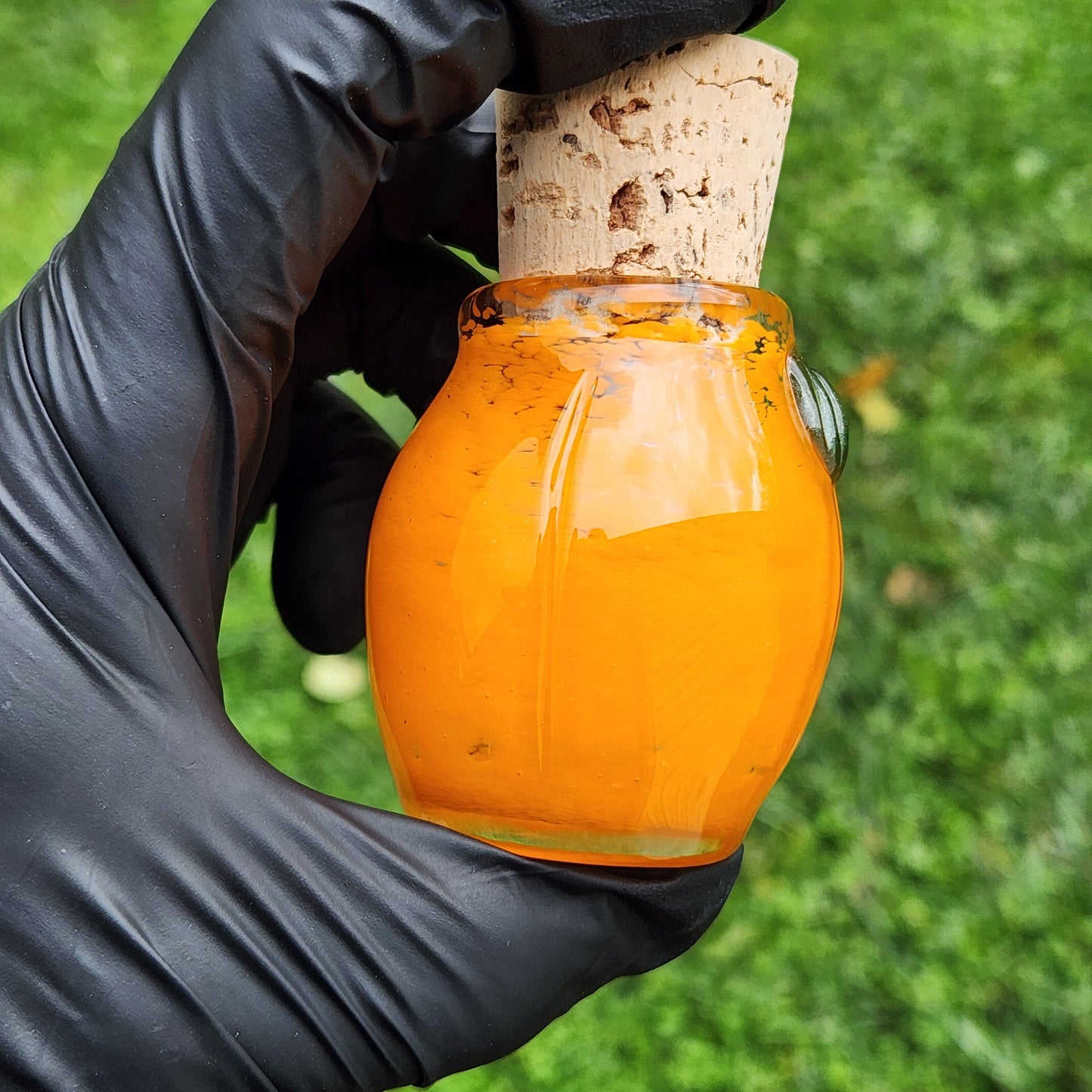 Orange Pumpkin Glass Jar – Hand Blown Orange Frit Storage Jar with Cork Lid, Fall Decor, Autumn Harvest Glass Art Jar