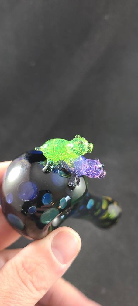 Makin' Bacon Pigs Black Glass Pipe | Pink and Green Slime Pigs | Gold & Silver Fumed Dots | Funny Hand Blown Art Pipe | 4–5" Unique Bowl