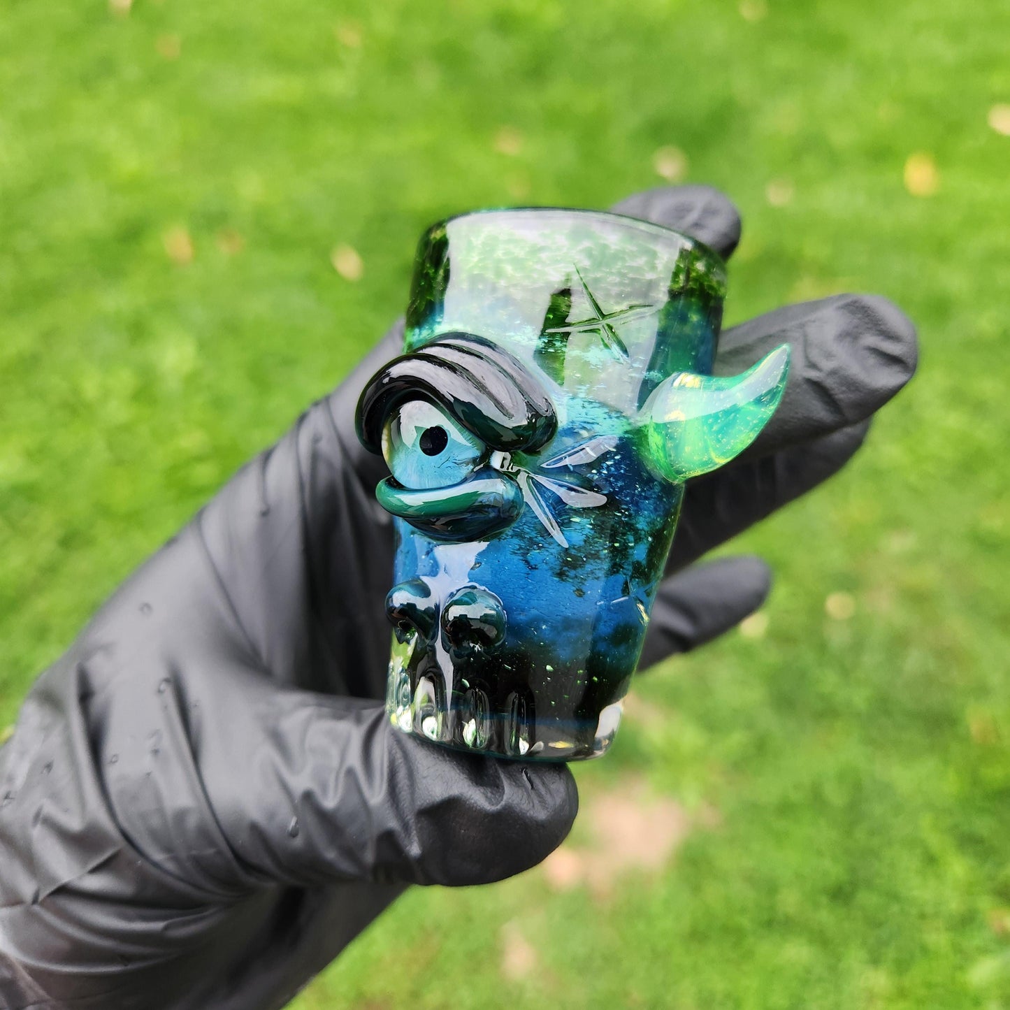 Experimental Green Monster Shotglass | Hand Blown Glass with Green Slime Horns | Unique Textured Glassware | Collectible Shot Glass