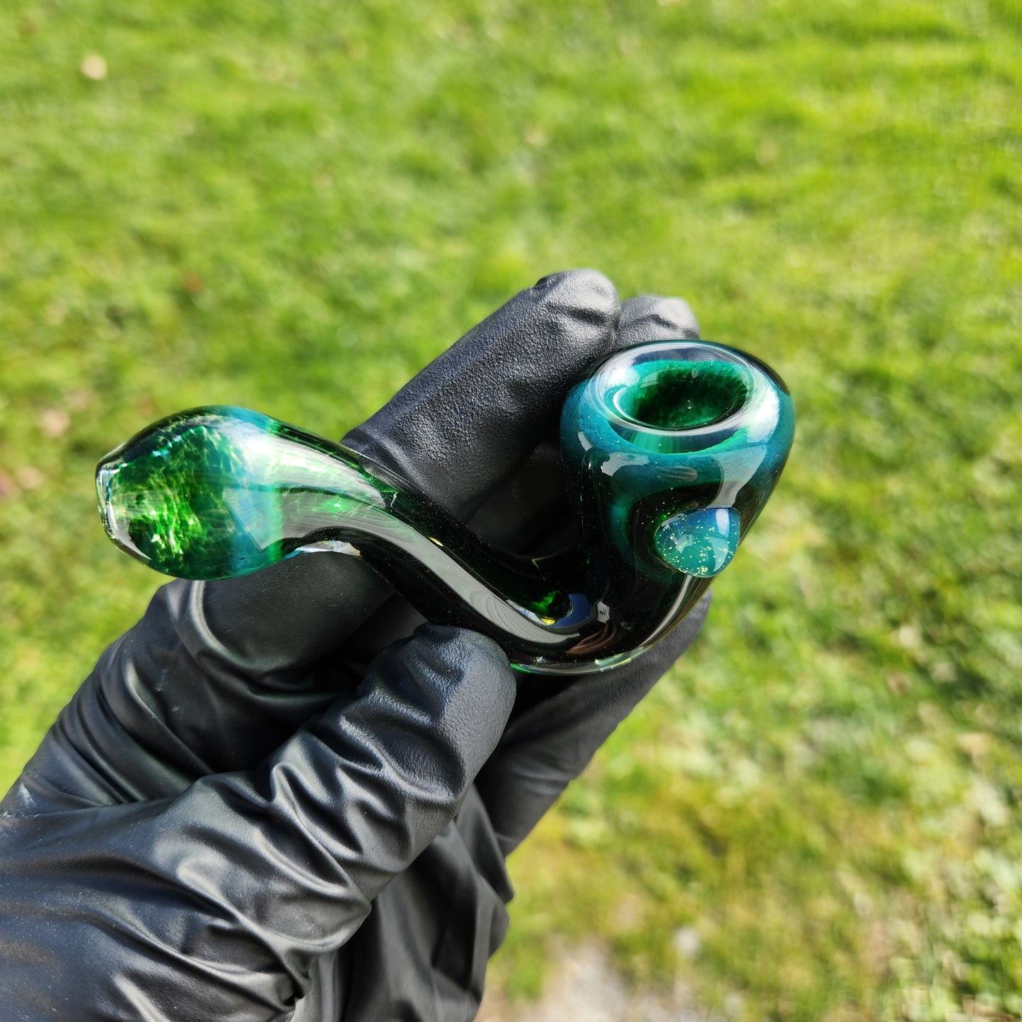 Experimental Green Frit Mini Sherlock Pipe | 3-4" Hand Blown Glass Pipe | Green to Blue-Black Color Shift | Compact Smoking Bowl