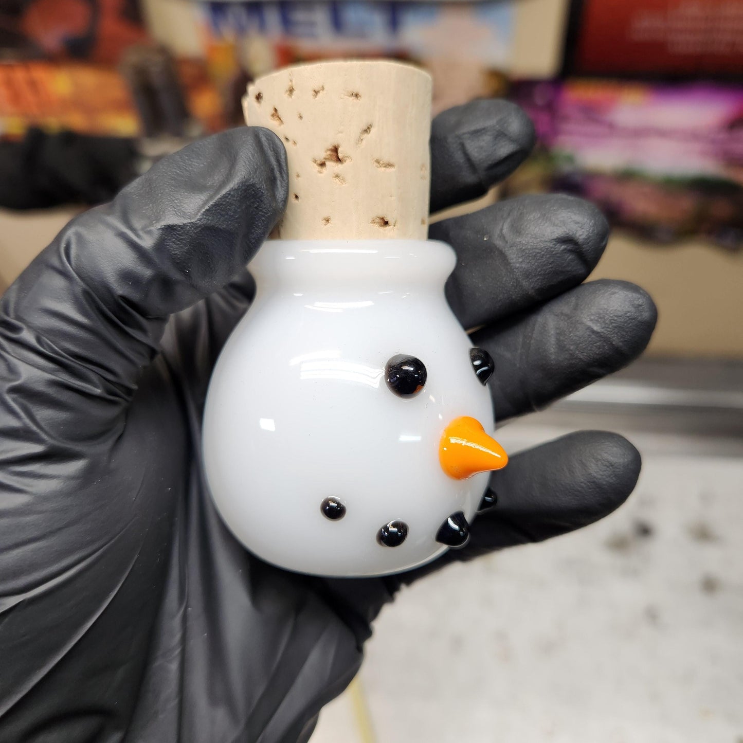 Snowman Head Glass Jar – Hand Blown White Glass Storage Jar with Carrot Nose & Coal Face, Winter Holiday Glass Art with Cork Lid