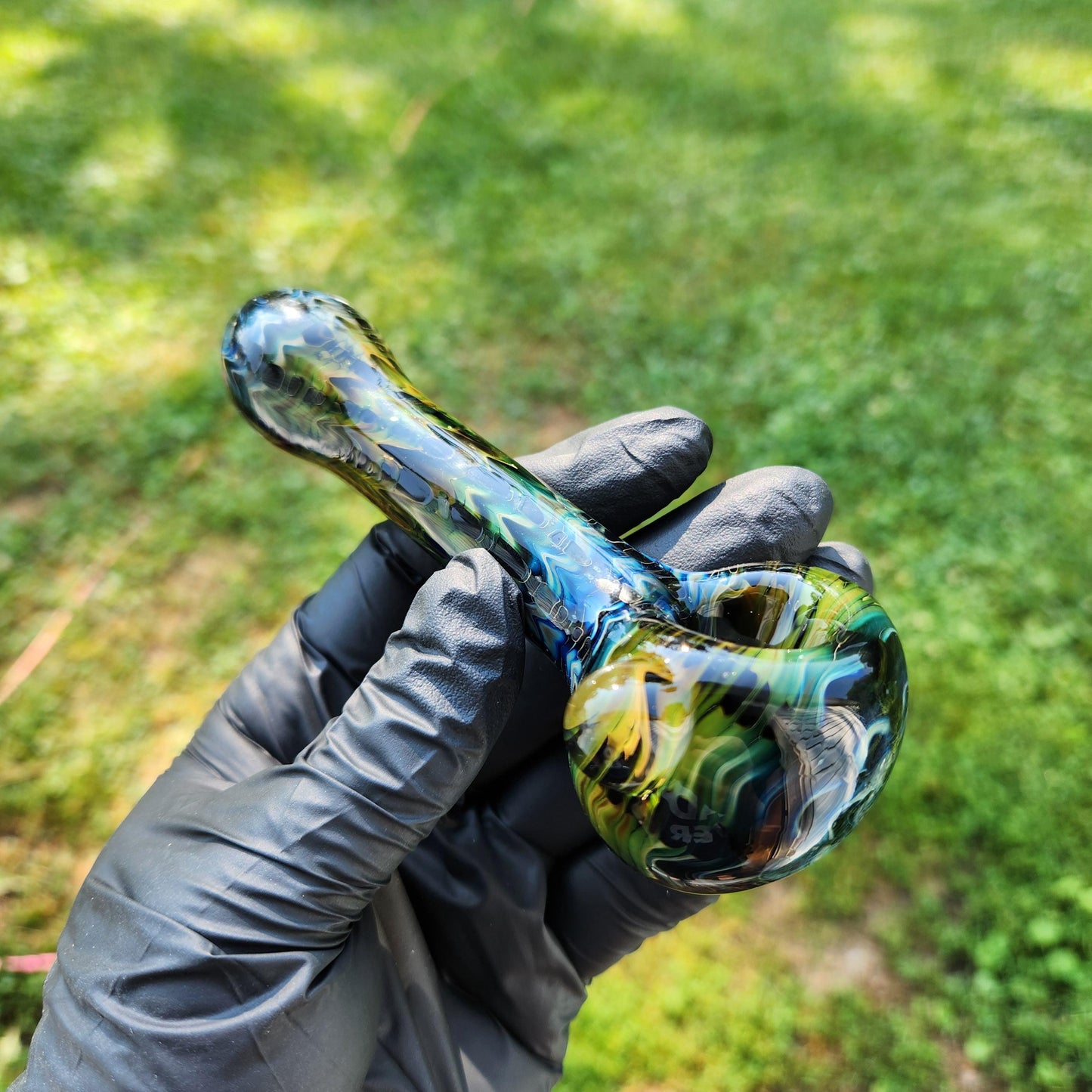 Rainbow Fumed Glass Pipe | Gold and Silver Wrap Rake Spoon with Custom Dot & Color | Heady Hand-Blown 4" Bowl | Color-Changing Smoking Pipe