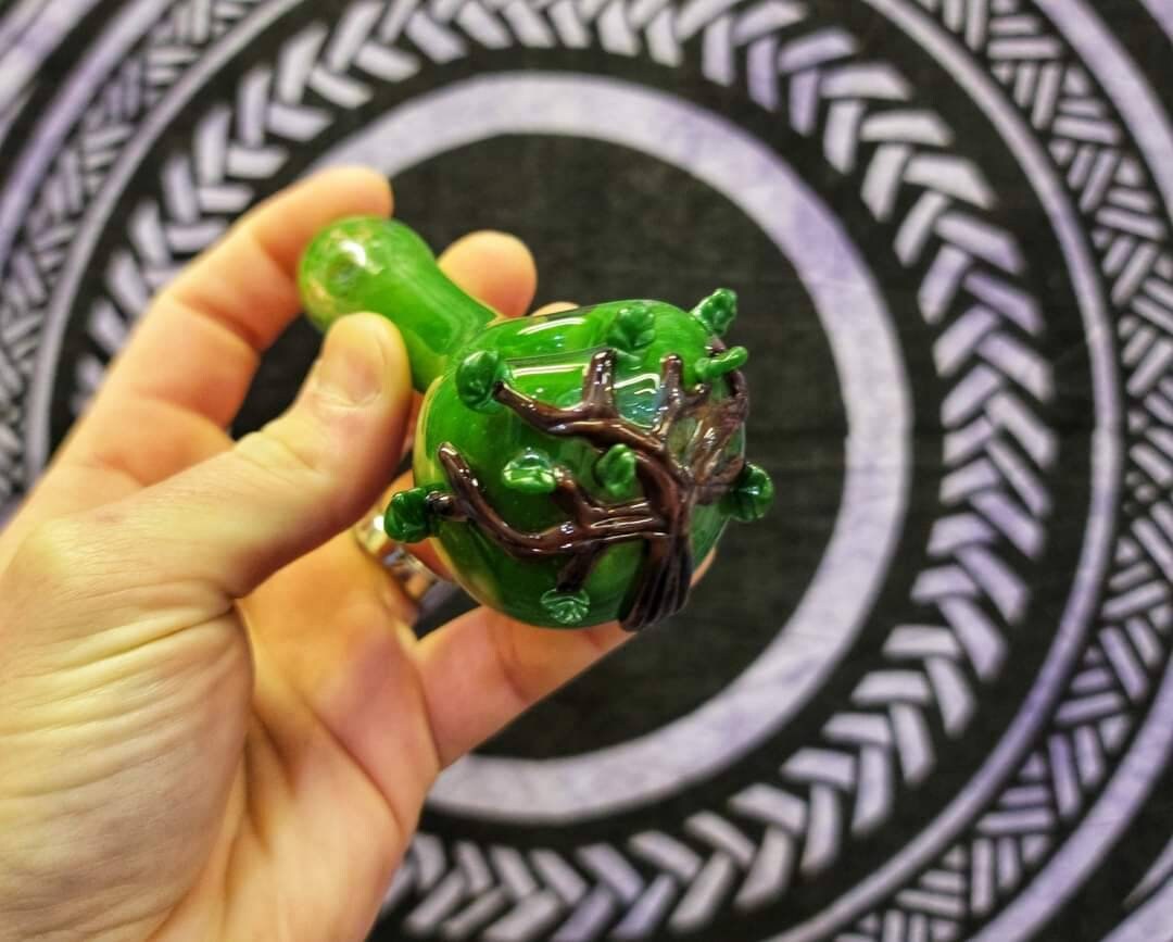 Tree of Life Glass Pipe | 4" Hand Blown Pipe with Drawn Tree & Sculpted Flowing Leaves | Nature Inspired Smoking Bowl | Artistic Glass