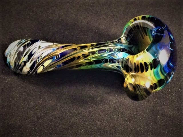 Gold and Silver Fumed Glass Pipe | Rainbow Wrap & Rake Design | Color Shift Over Black | Hand Blown Smoking Bowl