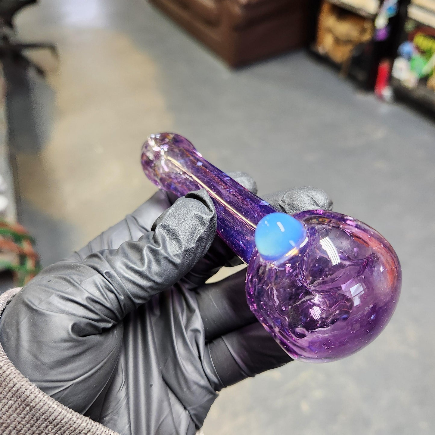 Gold Purple Frit Glass Pipe with Ghost White Dot – 4 Inch Deep Royal Purple Smoking Bowl, Hand Blown Glass Spoon Pipe