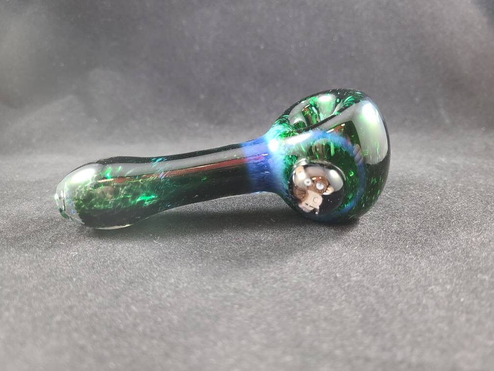 Funky Monkey Pipe / Experimental Green Glass Frit Pipe / Glass Smoking Bowl