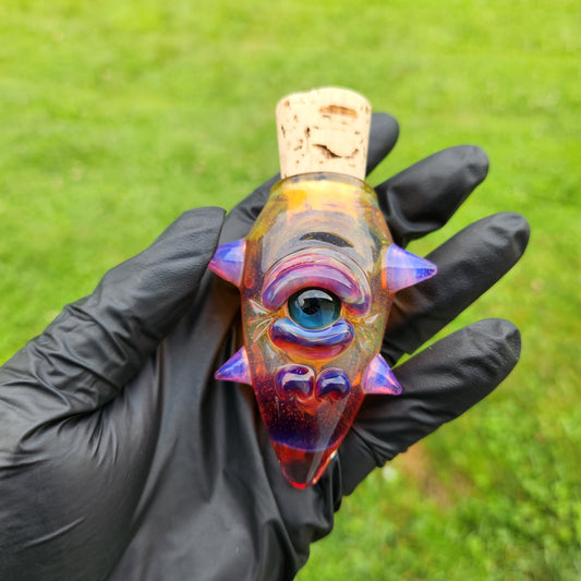 Amber Purple Frit Monster Jar with Eye & Purple Slime Horns | 3" Hand Blown Creature Jar | Unique Glass Art with Cork