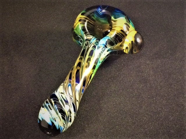 Gold and Silver Fumed Glass Pipe | Rainbow Wrap & Rake Design | Color Shift Over Black | Hand Blown Smoking Bowl