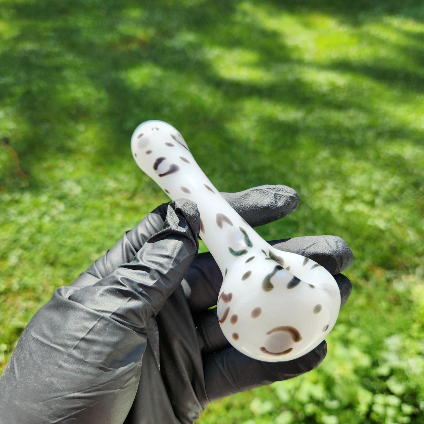 Snow Leopard Glass Pipe | White with Grey & Black Animal Print | Hand Blown Smoking Bowl | Winter Wild Style Glass Art