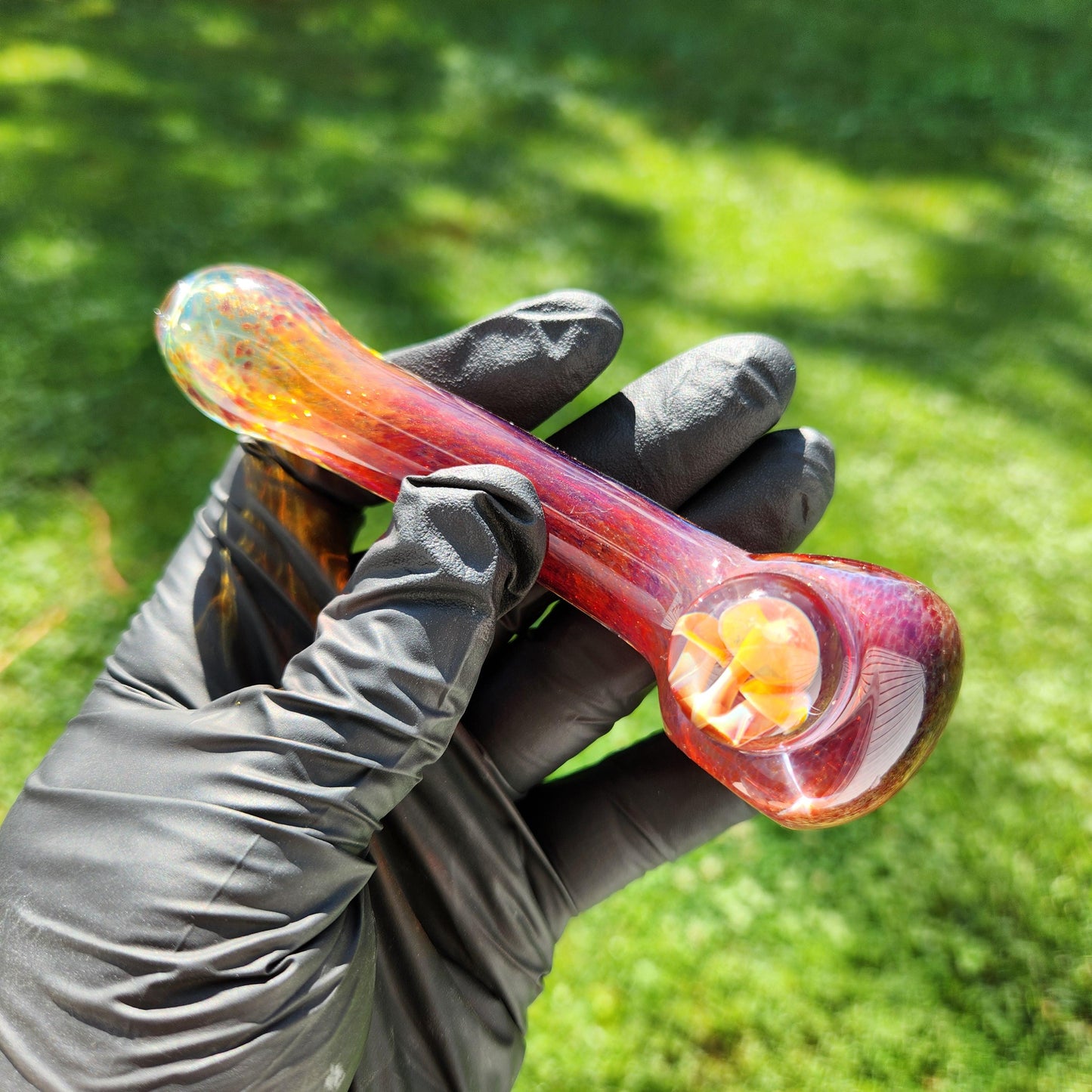 Amber Purple Frit Glass Pipe with Triple Mushroom Marble | Hand-Blown Color-Shifting Spoon | Nature-Inspired Heady Art Glass Bowl