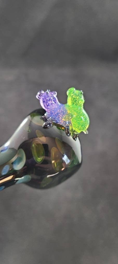 Makin' Bacon Pigs Black Glass Pipe | Pink and Green Slime Pigs | Gold & Silver Fumed Dots | Funny Hand Blown Art Pipe | 4–5" Unique Bowl
