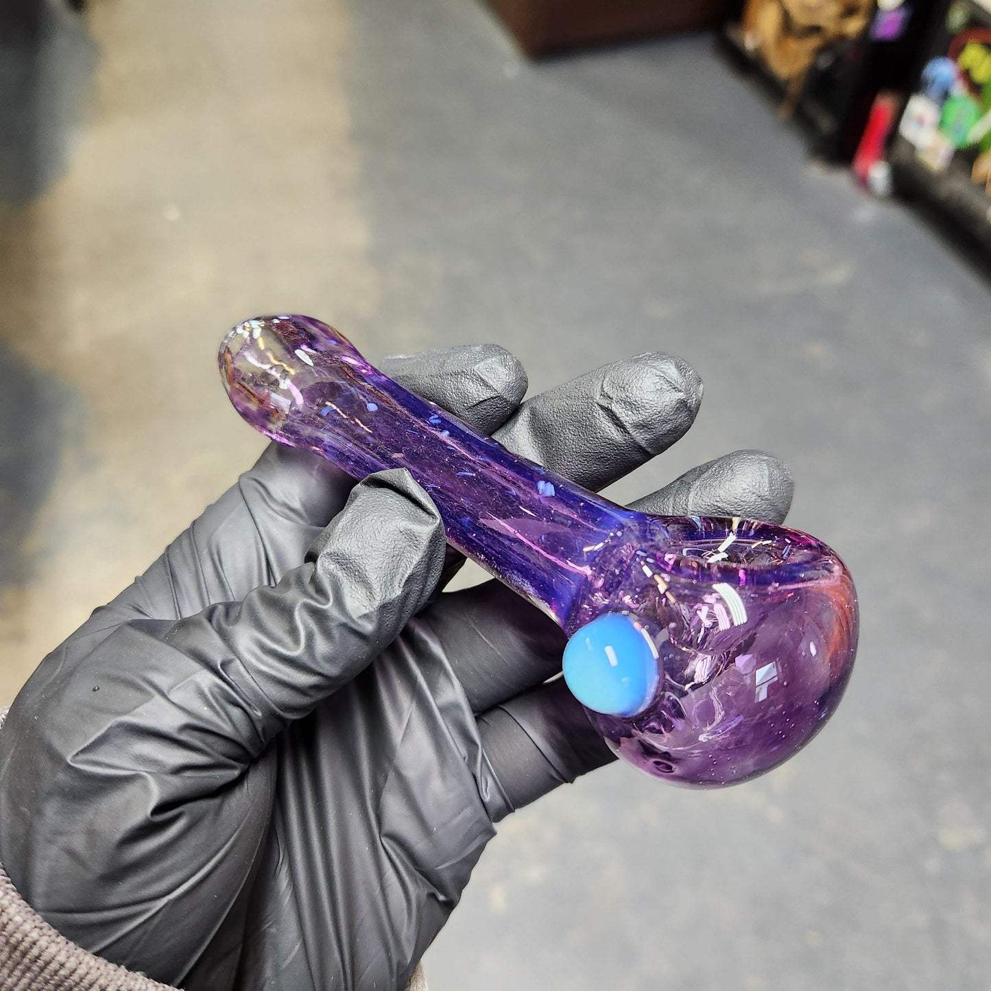 Gold Purple Frit Glass Pipe with Ghost White Dot – 4 Inch Deep Royal Purple Smoking Bowl, Hand Blown Glass Spoon Pipe