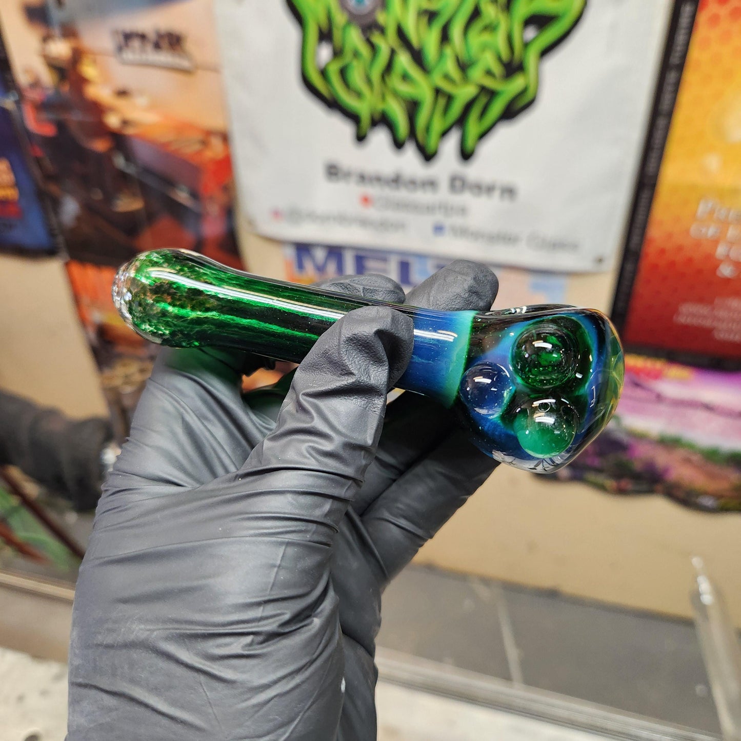 Green Frit Glass Pipe with Triple Mushroom Implosion – 4” Hand Pipe, Dot Accent, Unique Bowl Art, Emerald to Black Color Mix, Heady Piece