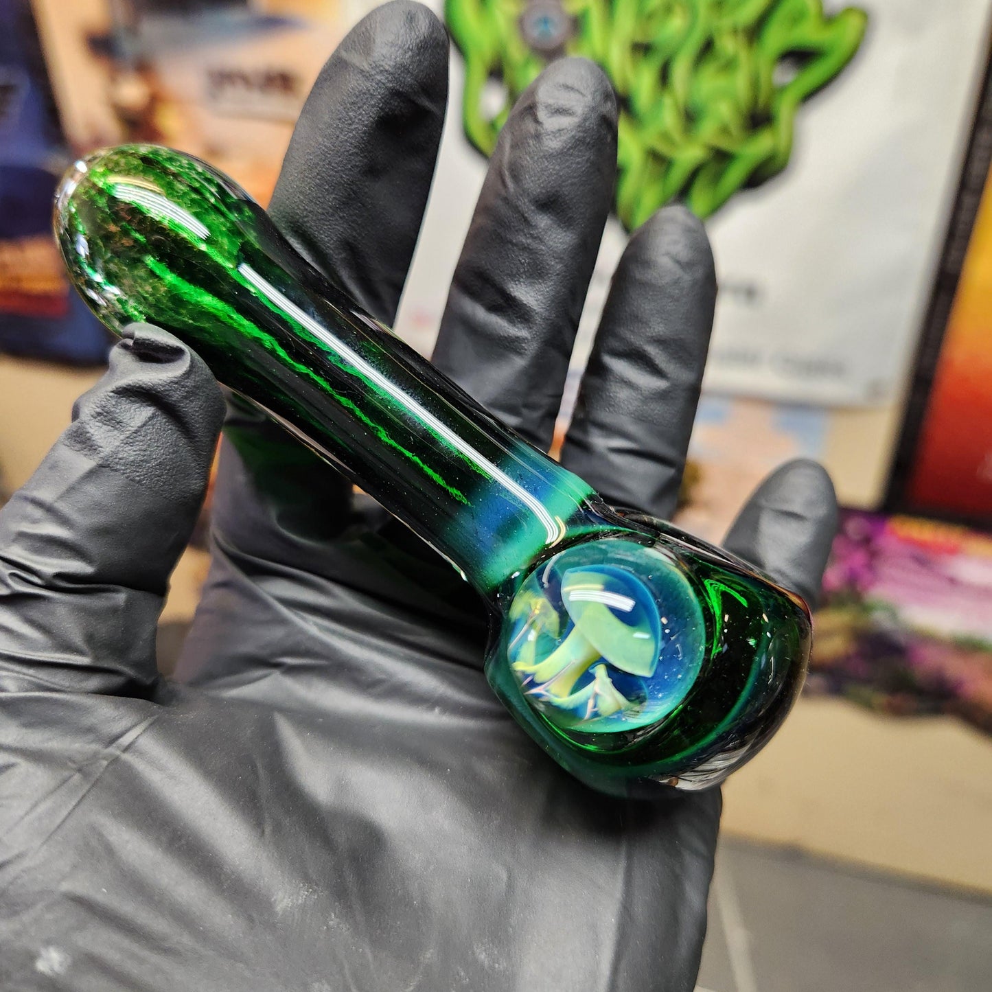 Experimental Green Frit Pipe with Triple Mushroom Marble | Unique Hand-Blown Glass Spoon | Emerald to Dark Hues | Trippy Nature Art Bowl