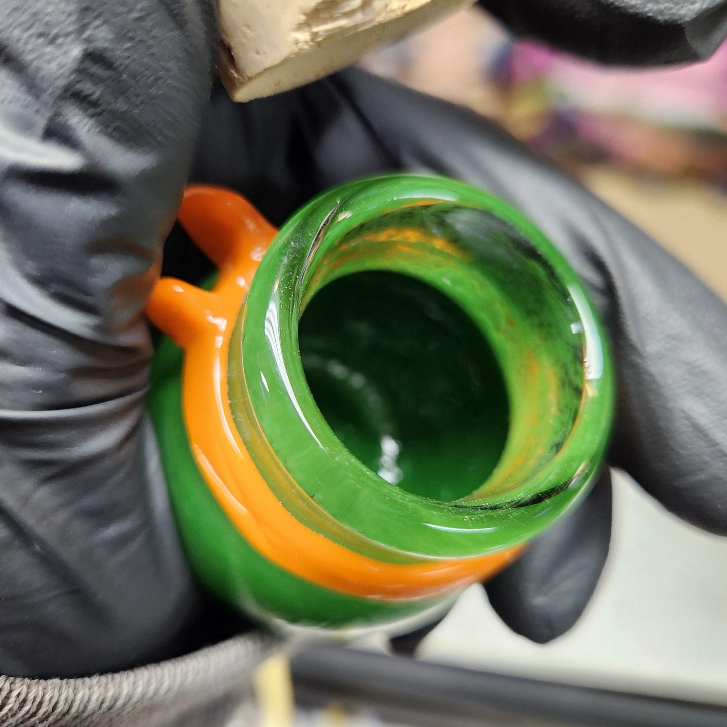 Green Frit Glass Jar with Sculpted Ninja Headband – 1.5” Hand Blown Glass Storage Jar with Cork Lid, Turtle Art Jar