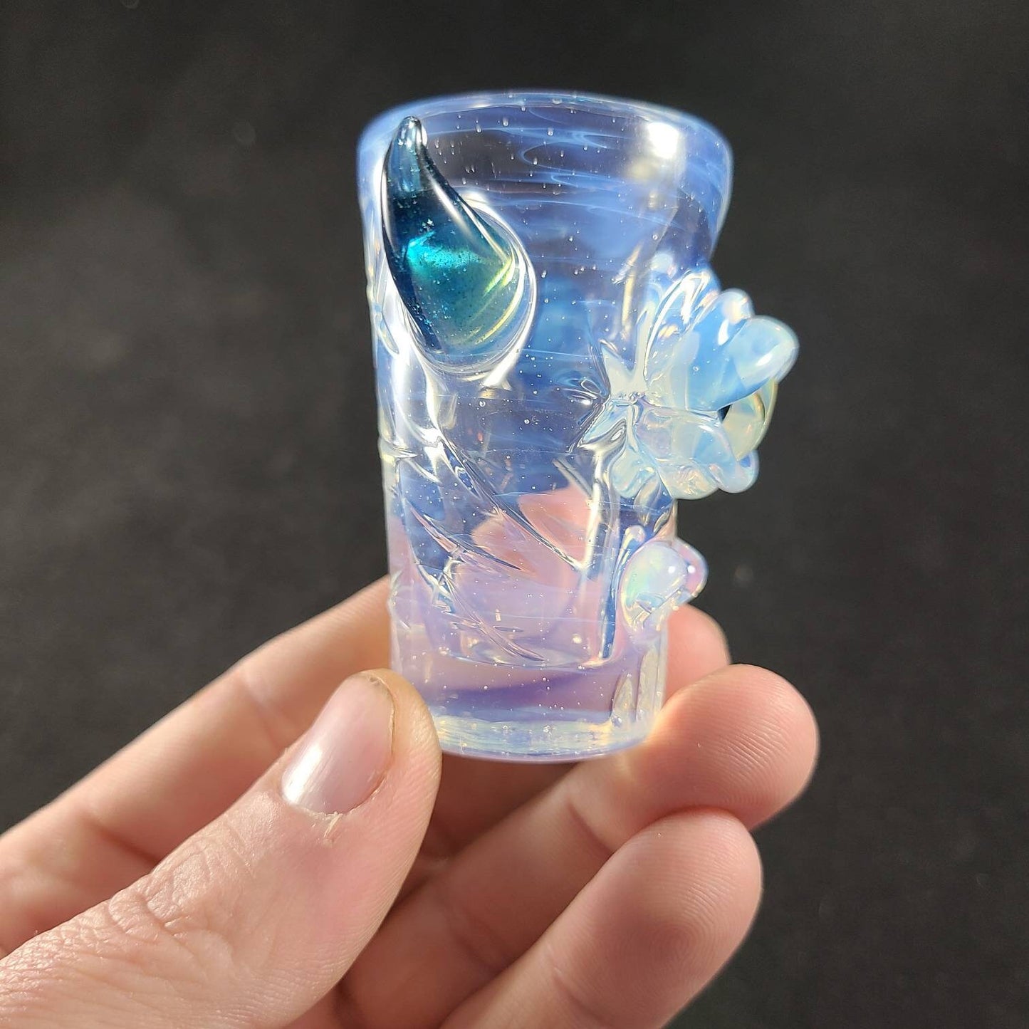Ghost White Monster Shotglass | Milky Blue Hue Glass | Sculpted Eye, Nose Nubs & Blue Stardust Horns | Textured Hand Blown Shot Glass Cup