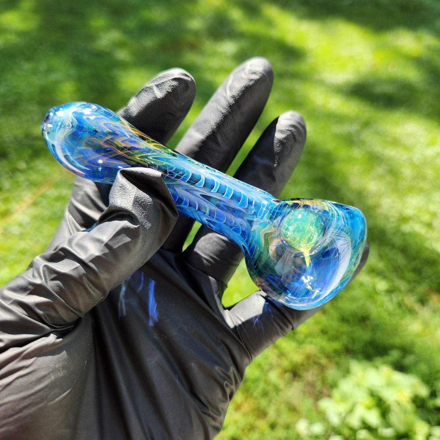 Rainbow Fumed Glass Pipe | Gold and Silver Wrap Rake Spoon with Custom Dot & Color | Heady Hand-Blown 4" Bowl | Color-Changing Smoking Pipe