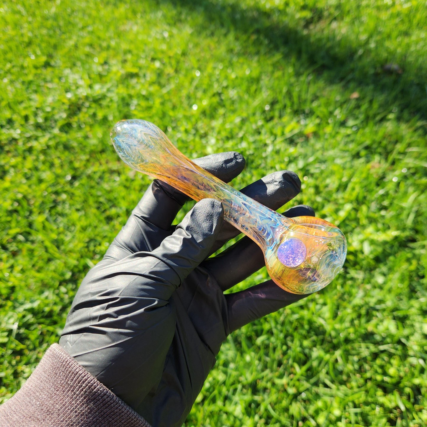 Rainbow Fumed Glass Pipe | Gold and Silver Wrap Rake Spoon with Custom Dot & Color | Heady Hand-Blown 4" Bowl | Color-Changing Smoking Pipe