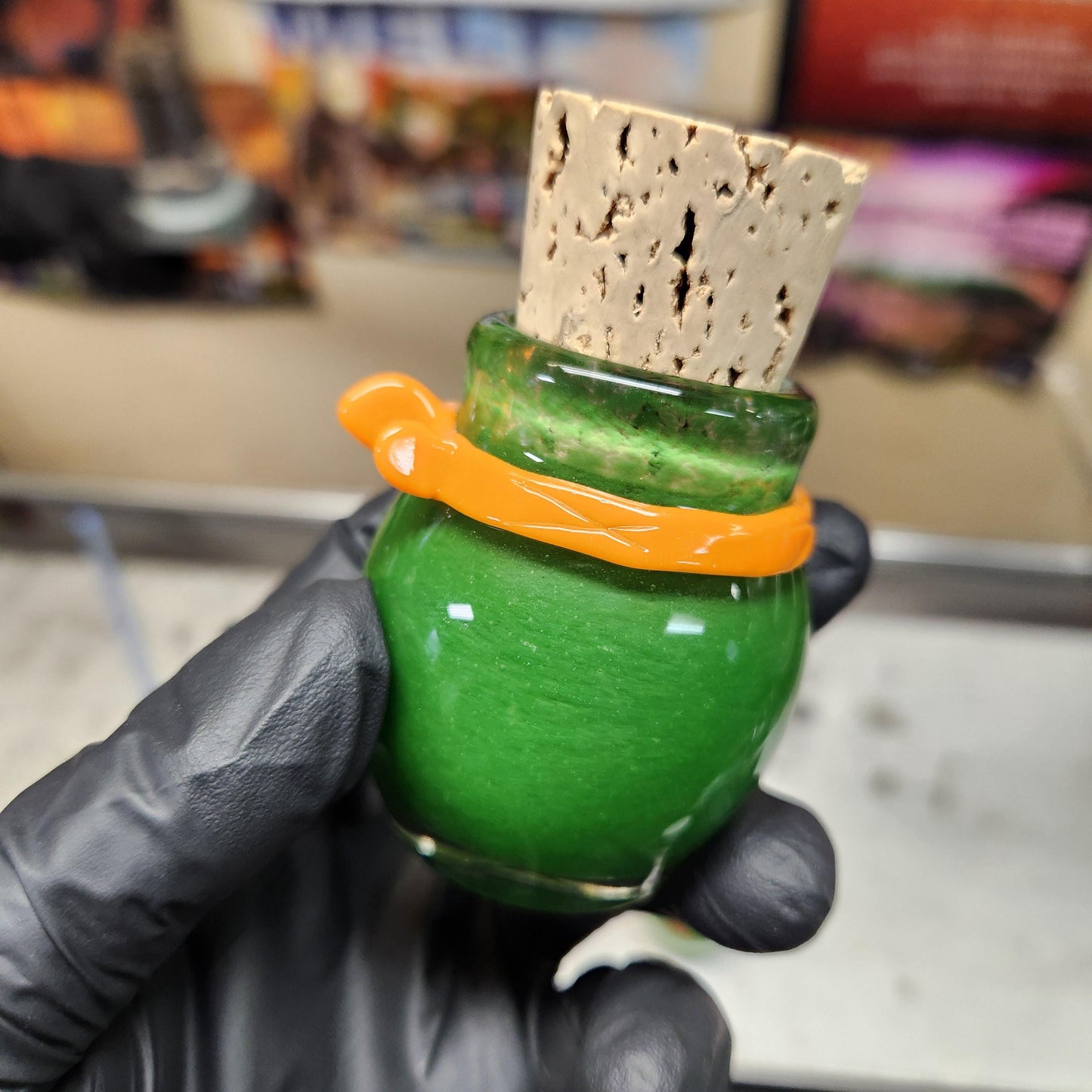 Green Frit Glass Jar with Sculpted Ninja Headband – 1.5” Hand Blown Glass Storage Jar with Cork Lid, Turtle Art Jar